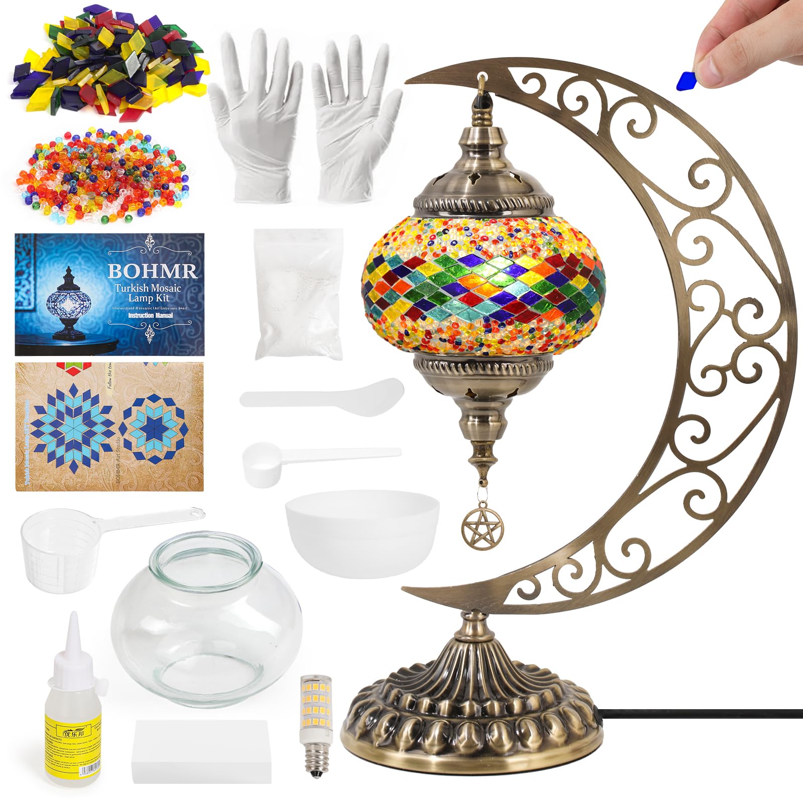 BOHMR DIY Turkish Mosaic Lamp Kit  Moon Stained Glass Lamp Making Kit- Easy Fun No Experience Needed  Mosaic Art & Craft Project Kits for For Mature Userss & Teens  Make Your Own Lamp Christmas Gift Multicolor