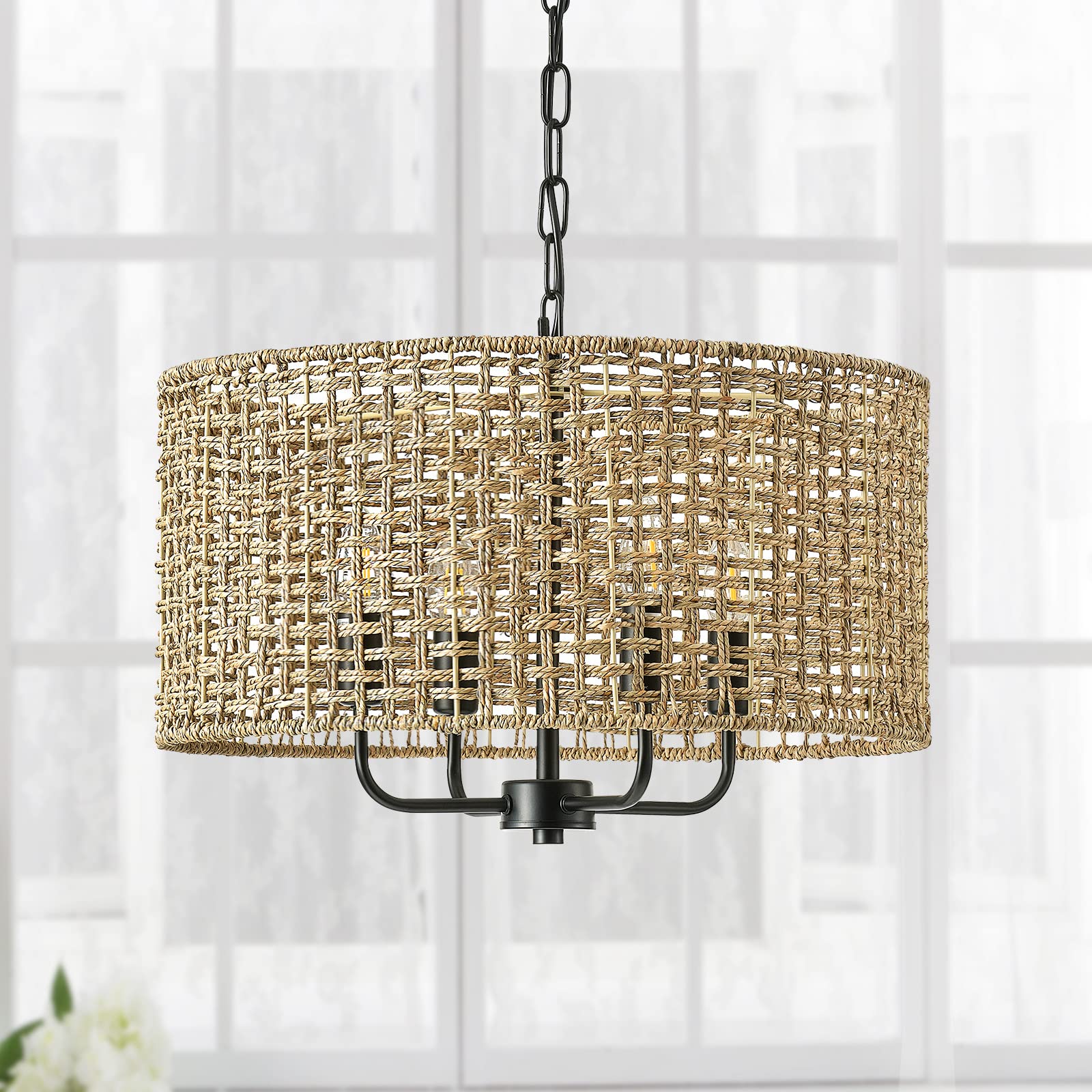Giutna Rattan Wicker Drum Chandeliers For Dining Room, 4-Light Bohemian Hand-Woven Farmhouse Drum Pendant Chandelier Light Fixtu