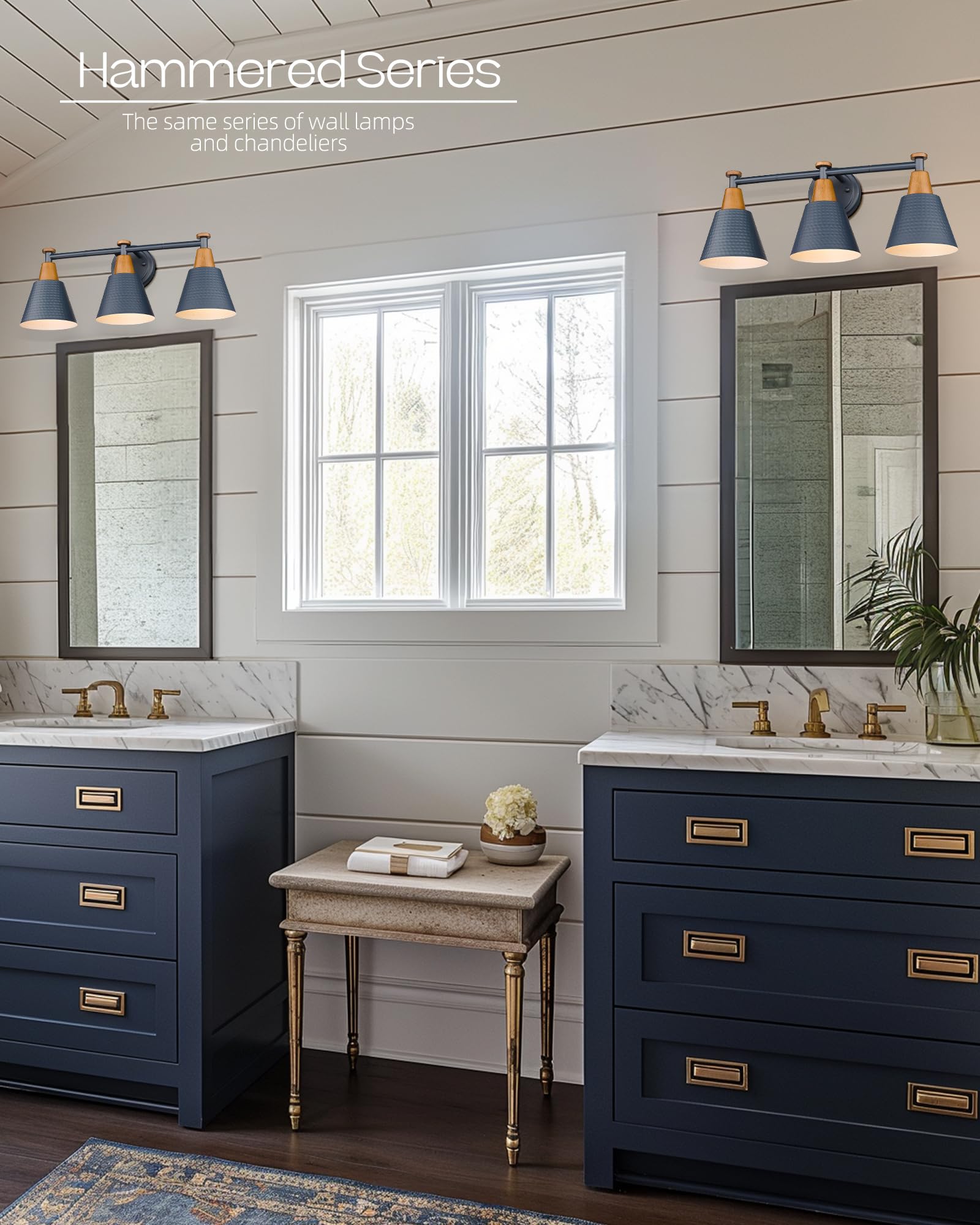 FEMILA Bathroom Vanity Light, 3-Light Modern Fixture, Hammered Metal Shade, Dark Blue, Wall Sconce Lamp