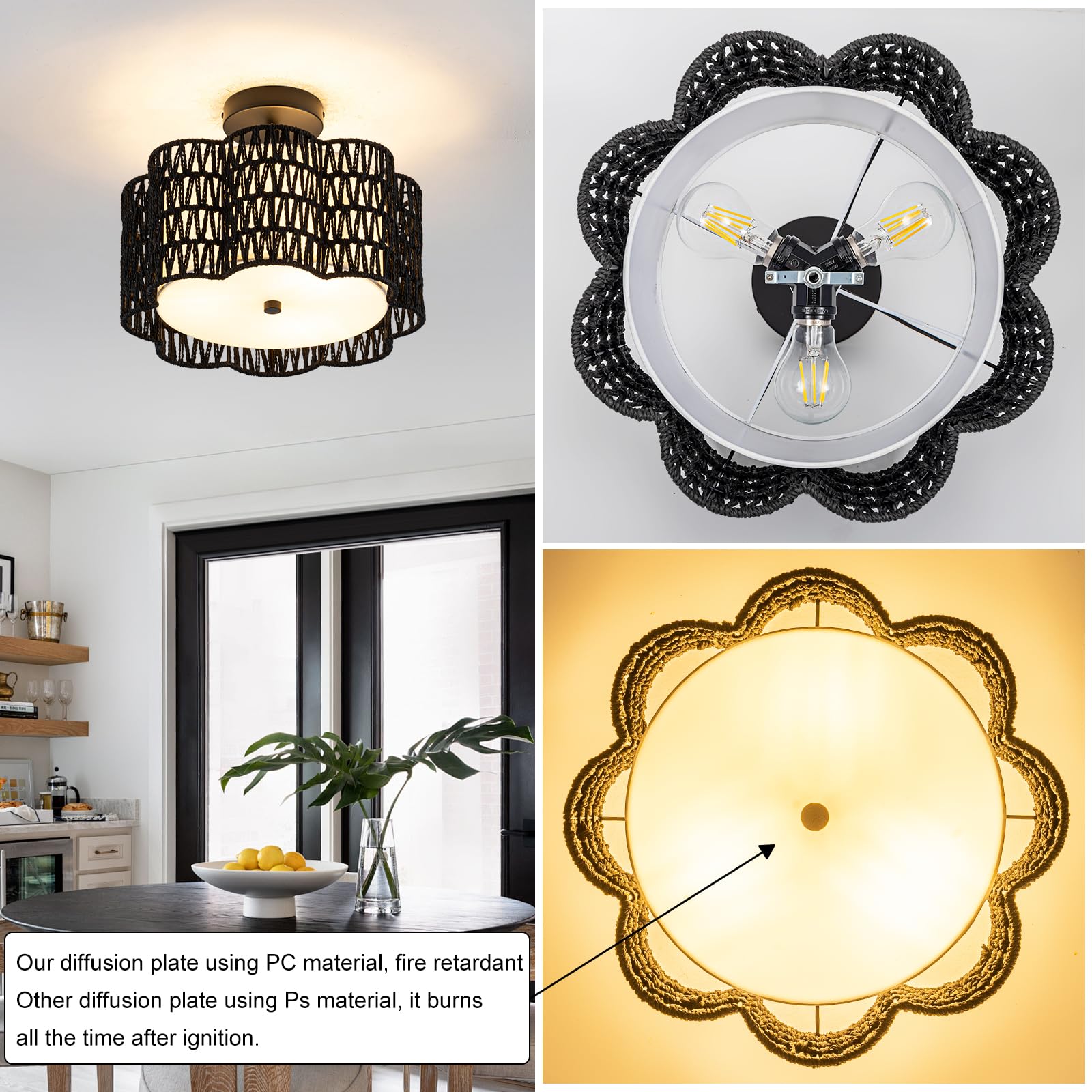 Tbaoinla Black Boho Ceiling Light Fixture | Handwoven Rattan Chandelier With Midnight Plum Blossom Design - Flush Mount Light Fo