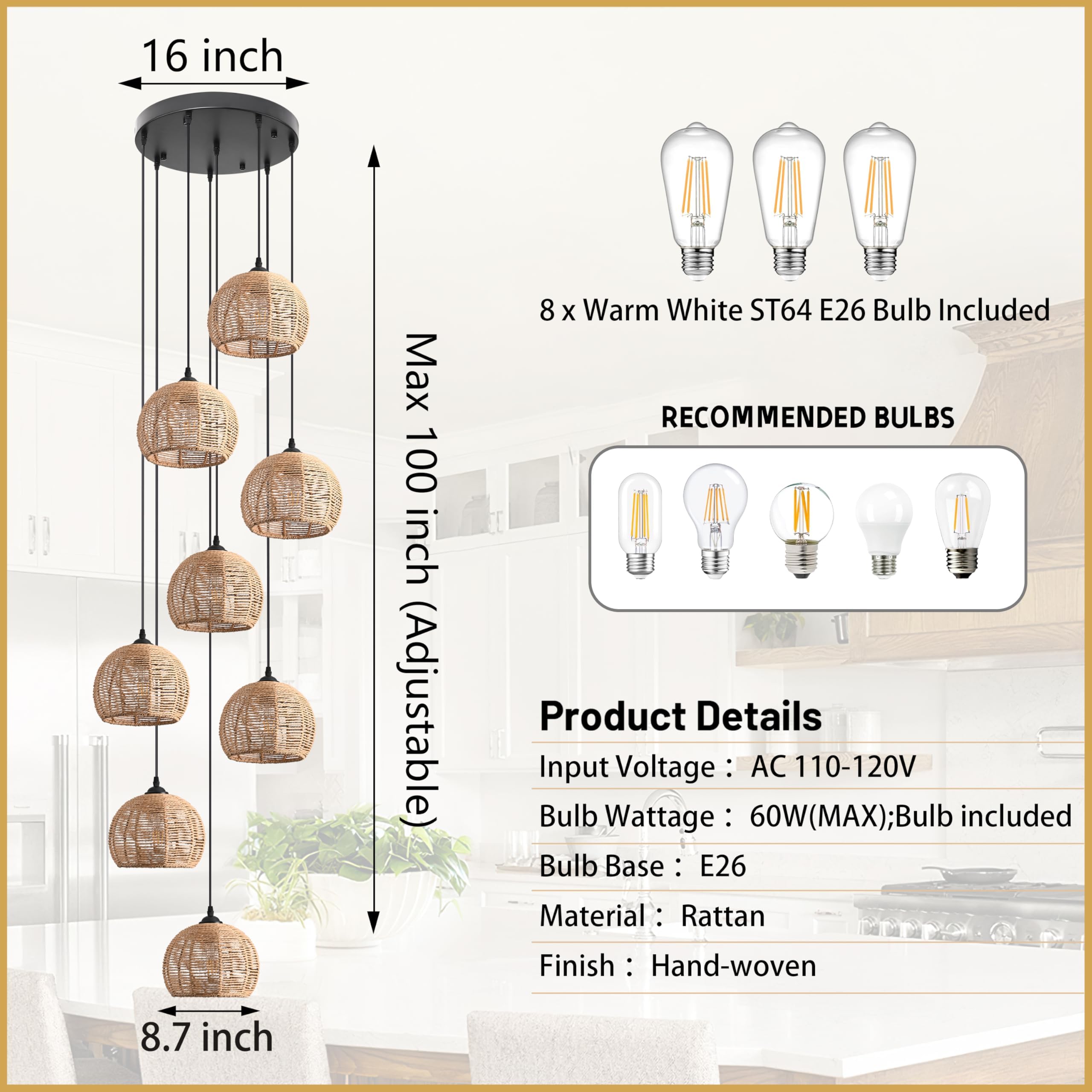 8-Light Woven Foyer Chandeliers For High Ceiling H100'',8 Dome Boho Rattan Pendant Light Farmhouse Ceiling Light,Rustic Hemp Rop