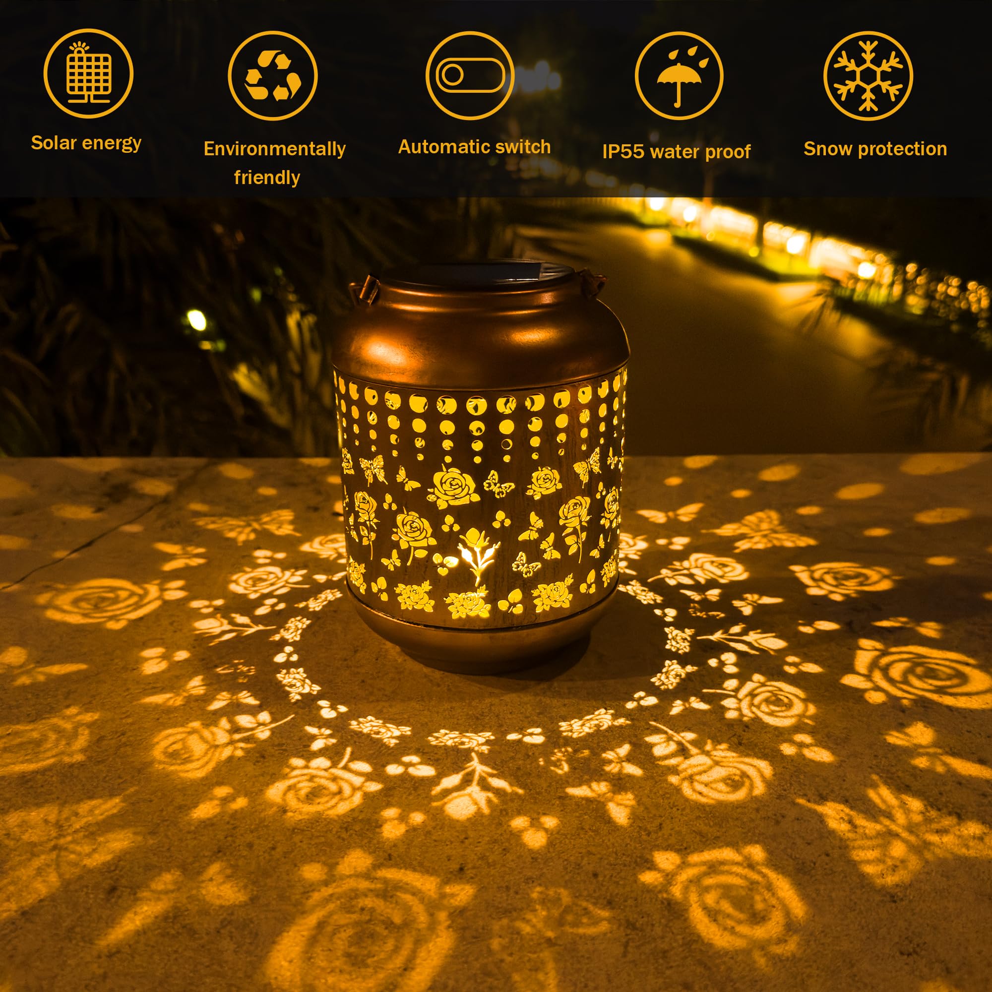 anytalk Solar Lantern - Waterproof Hanging Garden Decor, Iron, Rose, Model Deco&Dot-Lantern B