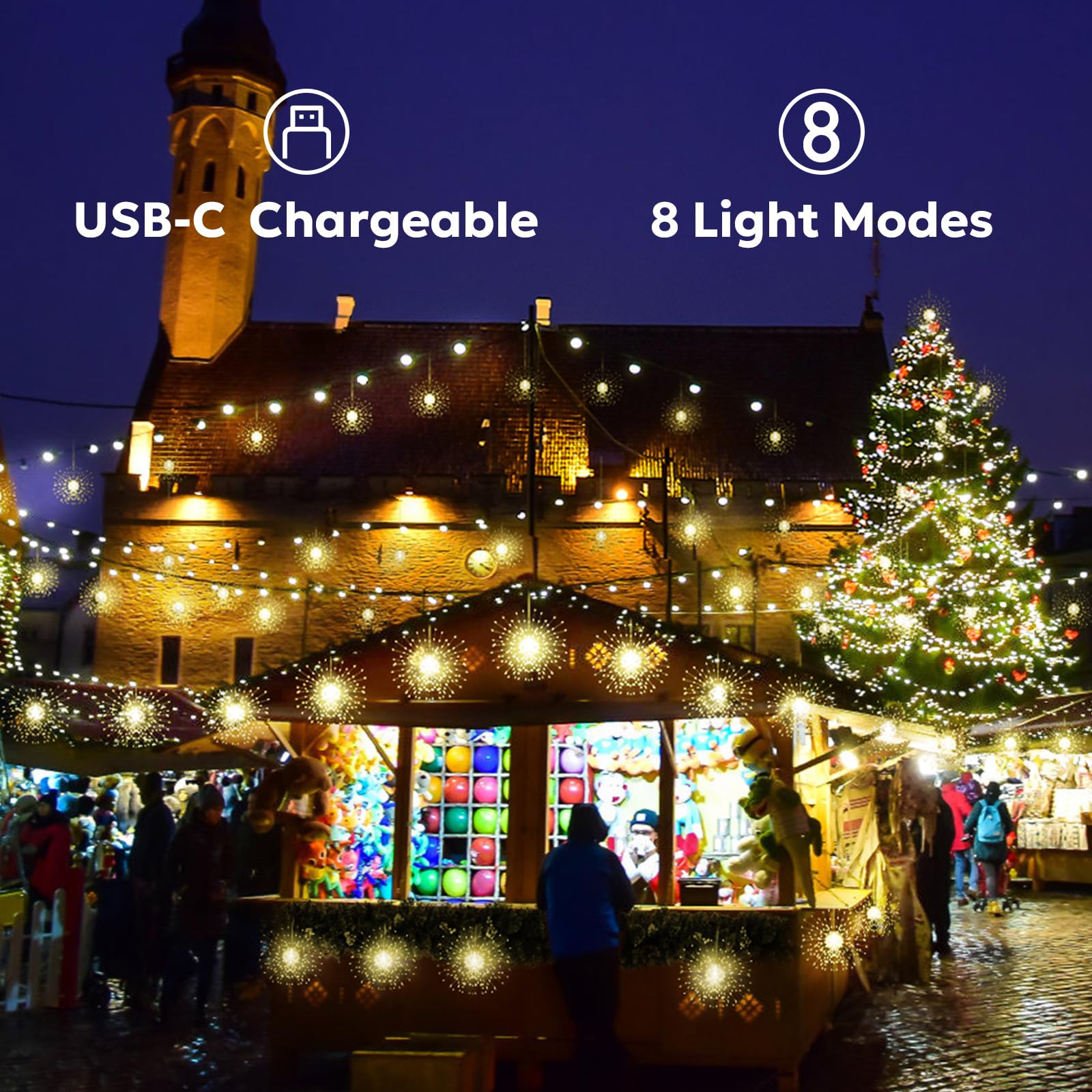 Firework Lights Outdoor 120 Led String Lights With Remote, 8 Modes, Timer Usb Rechargeable Battery Powered Smart Night Light For