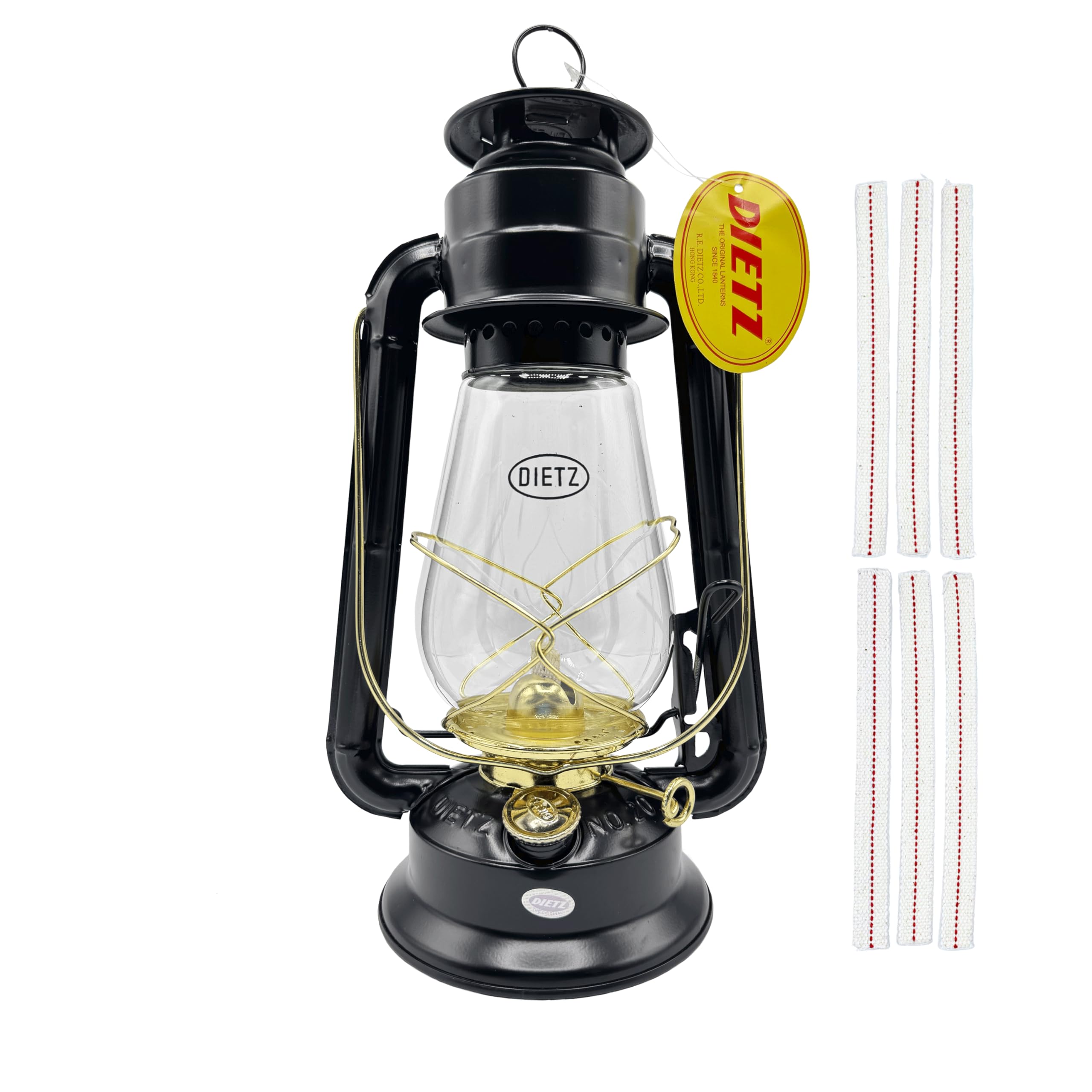 Light of Mine - Dietz #20 Junior Black with Gold Oil Lantern with 100% Cotton 5/8 Replacement Wick Strips (Black and Gold)