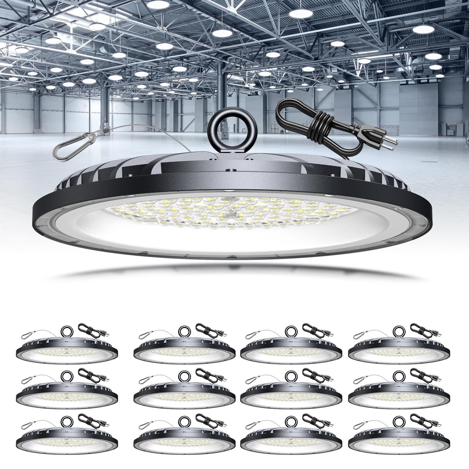 AIKVSXER 12 Pack 200W UFO LED High Bay Light, 30000LM 6000K Daylight LED Shop Lights, IP65 Waterproof Commercial Bay Lighting wi