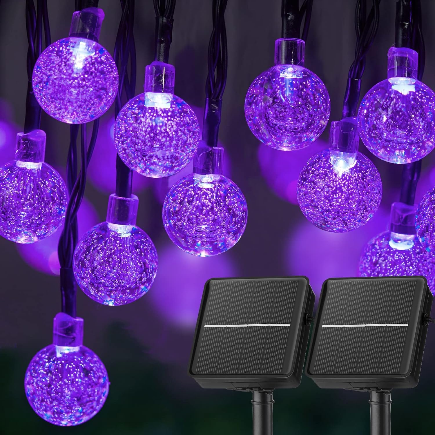 Purple Solar Lights Outdoor Waterproof, 2-Pack 120 LED 72 FT Total, Halloween Globe Lights for Garden Yard Wedding Christmas Party Decor (Purple)