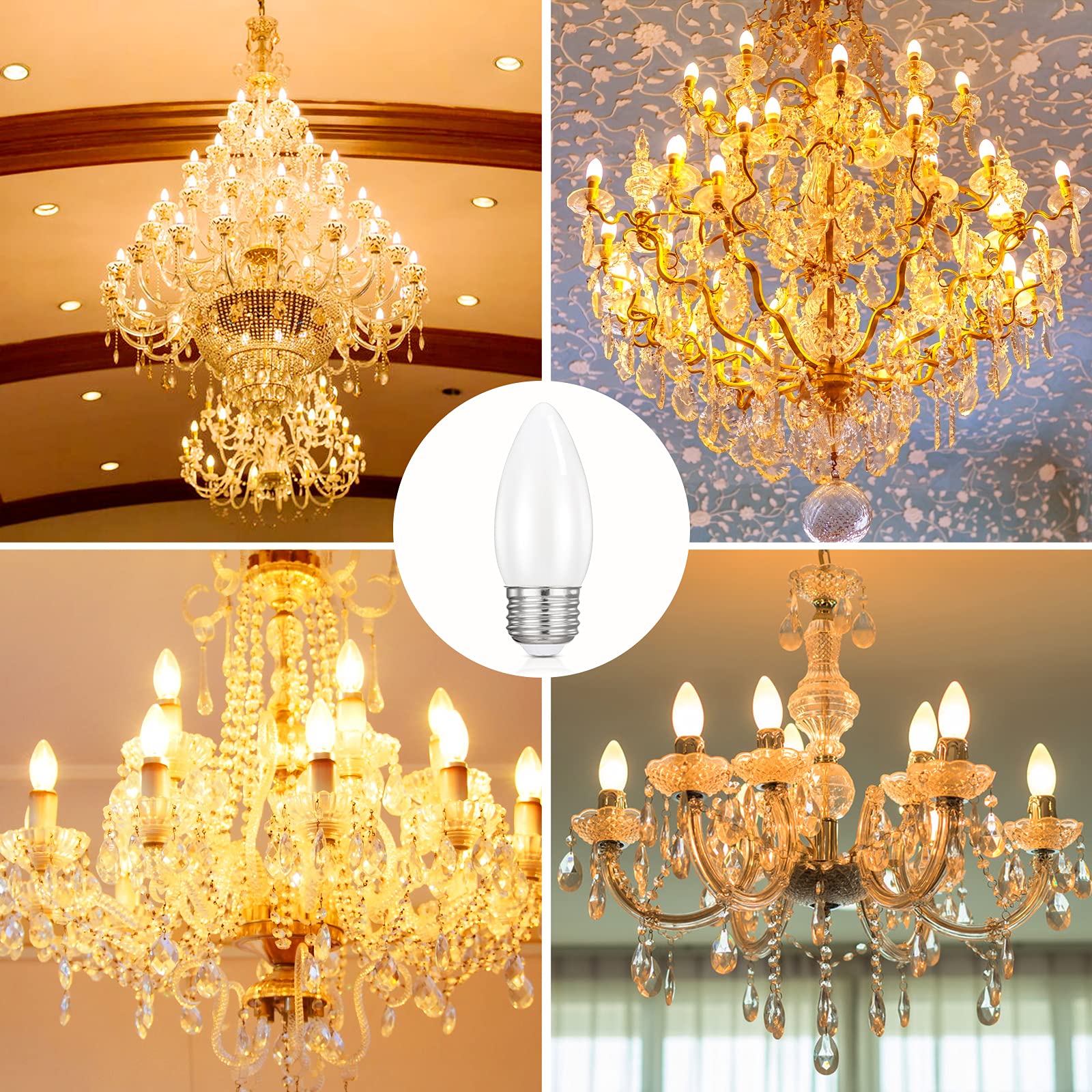 Hola Led Chandelier Bulb Dimmable Led Lamp Bulb E26 Base, 360 Beam Angle Ul Listed Warm White 2700K Led Filament Bulb, Frosted Glass, 4.5W 400 Lumens, 6 Pack