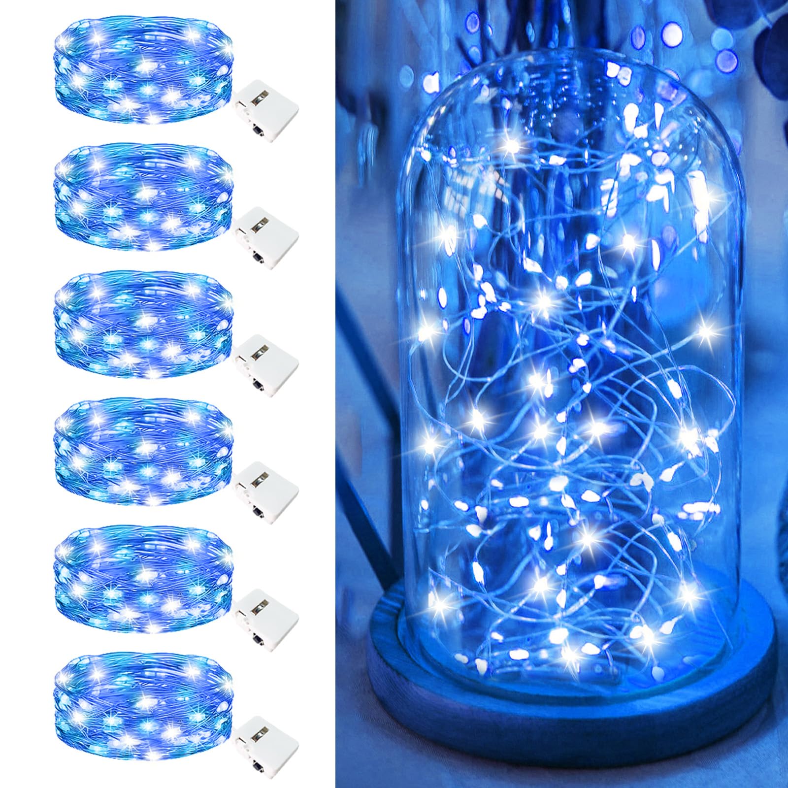 Fairdeer 6 Pack Fairy Lights Battery Operated - 7ft 20 Led Twinkle Lights 3 Modes  Bulk Mini String Lights Waterproof for Mason Jars Vases DIY Party Wedding Decoration Christmas -Blue and White