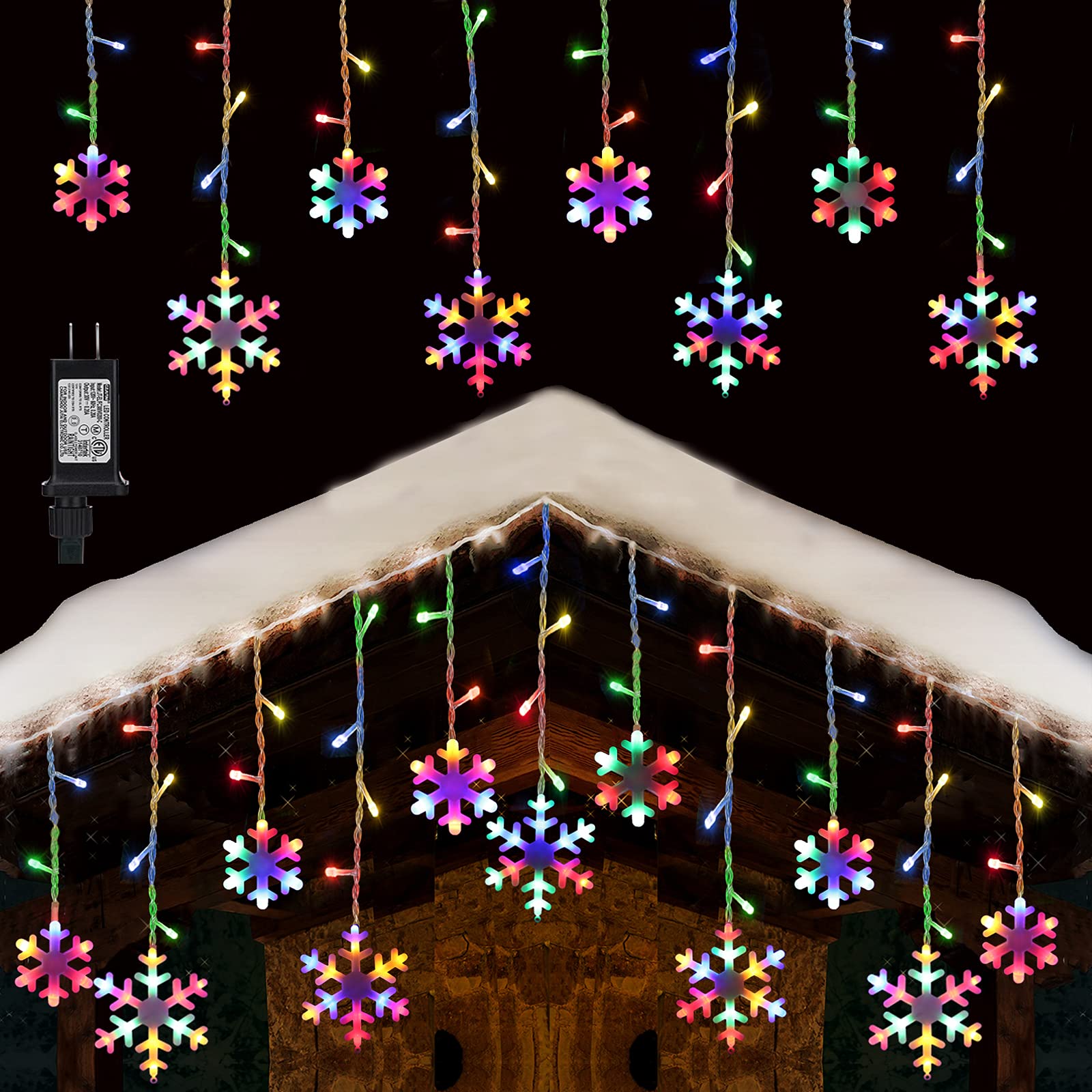 Toodour Christmas Snowflake Lights Outdoor, 17.22ft 264 LED Snowflake Icicle Lights with 22 Drops, Connectable, 8 Modes Waterproof Christmas Lights for Curtain, Eaves, Window, Xmas Decor - Multicolor