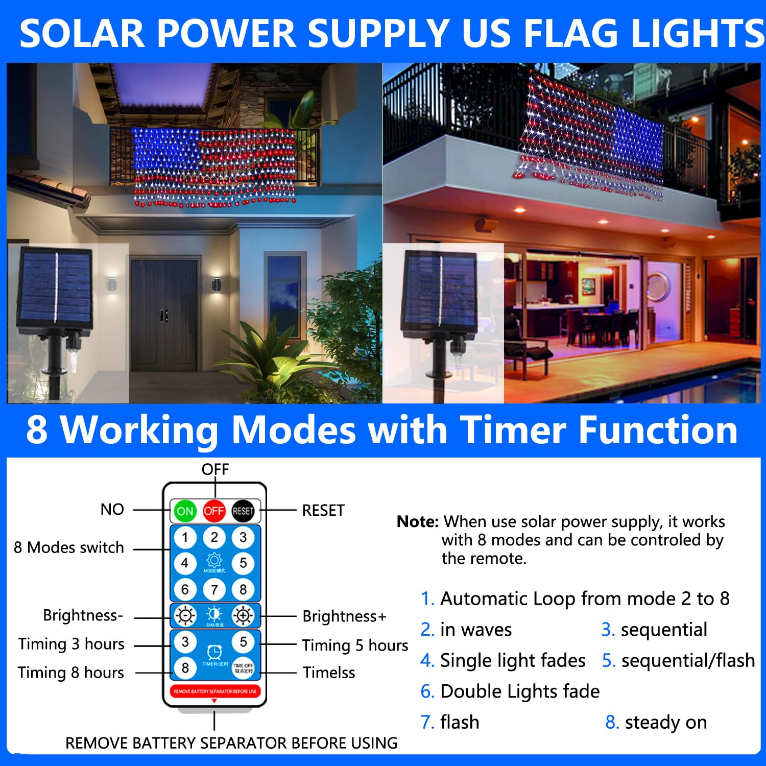 Decute Solar American Flag String Lights - 420 LED Waterproof Net Light for Outdoor Decorations - Ideal for 4th of July & Festivals