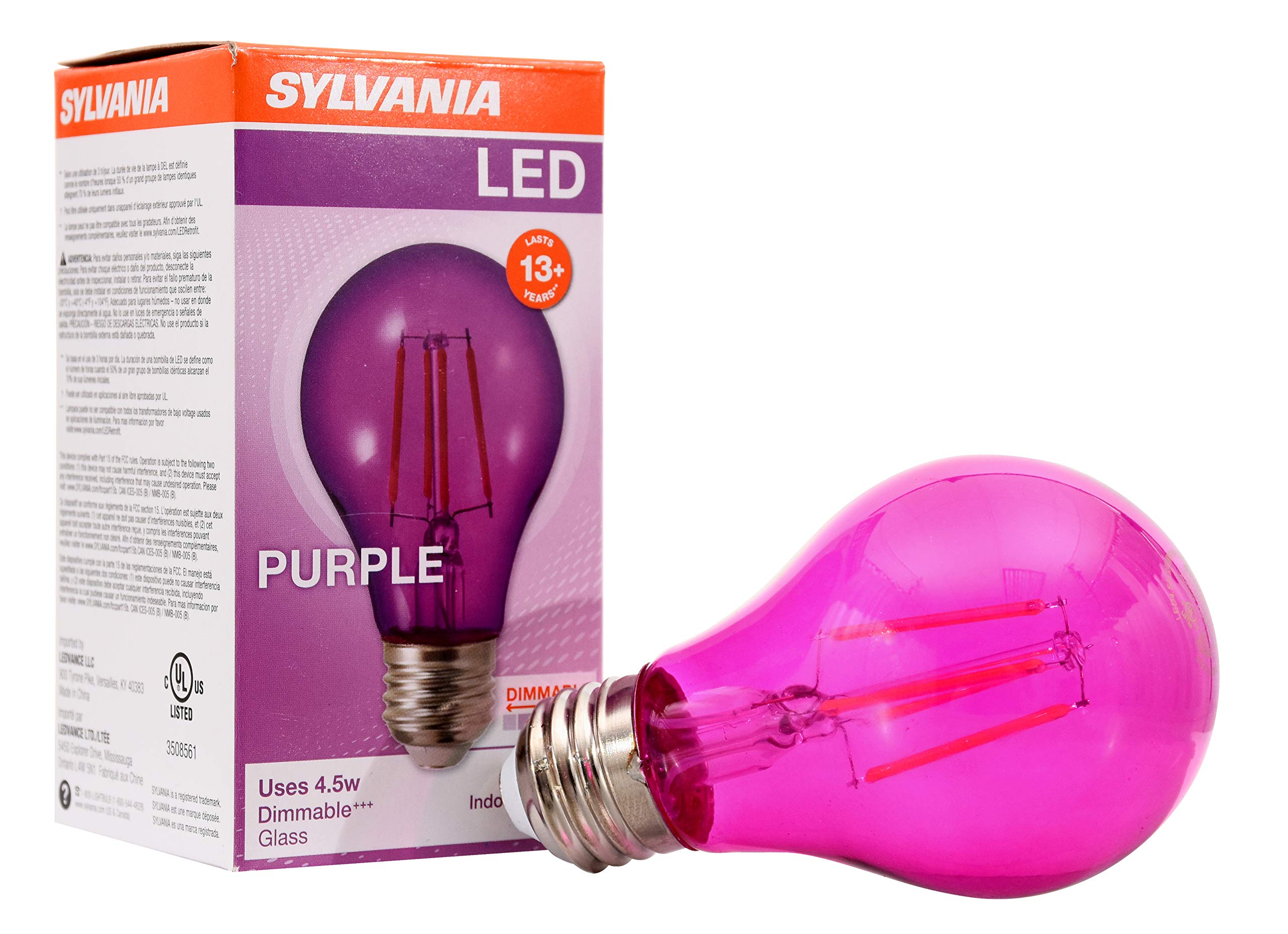 Sylvania Led Purple Glass Filament A19 Light Bulb, Dimmable, Efficient 4.5W, E26 Medium Base, 1 Pack
