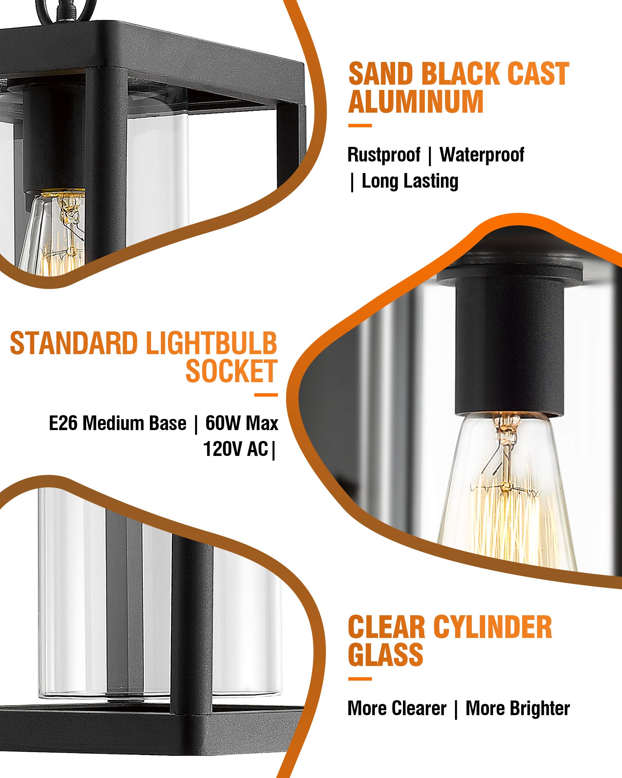 Beionxii Outdoor Pendant Light, Modern Black Aluminum Lantern, Clear Glass, Large, Model BXA291H-1PK