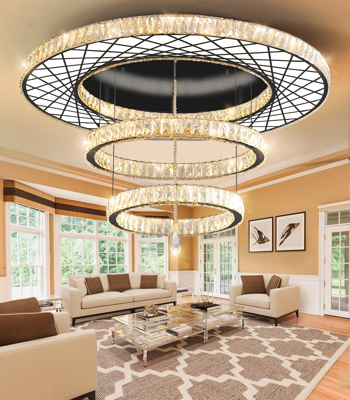 HAIXIANG 48 inch Large Size Glam Chandelier Crystal Ceiling Light for Living Room Chandeliers Lighting Fixtures with Remote Dimm