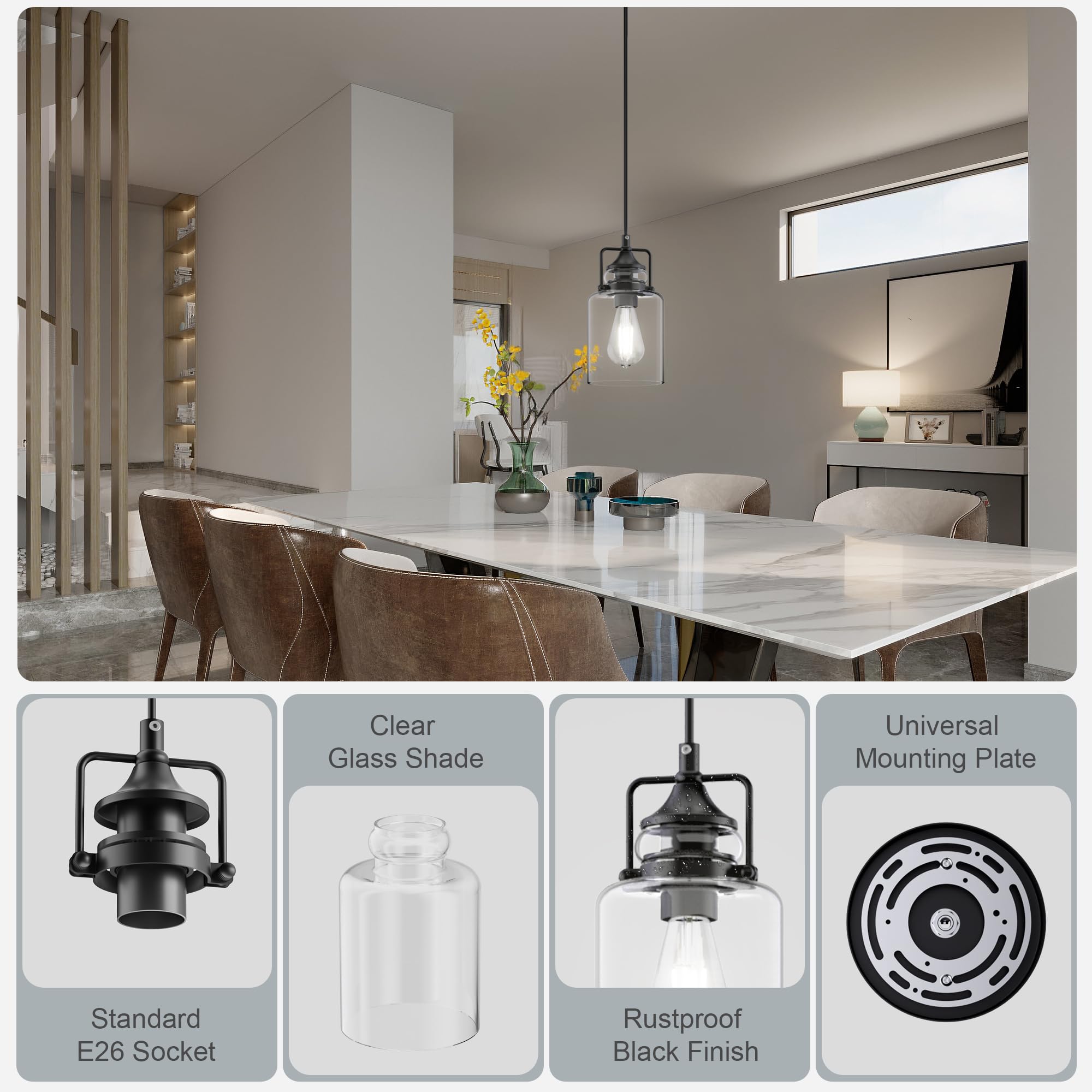 Hansang Pendant Lights Kitchen Island, Modern Black Pendant Light Fixture, Kitchen Ceiling Hanging Lights, 47Inches Adjustable R