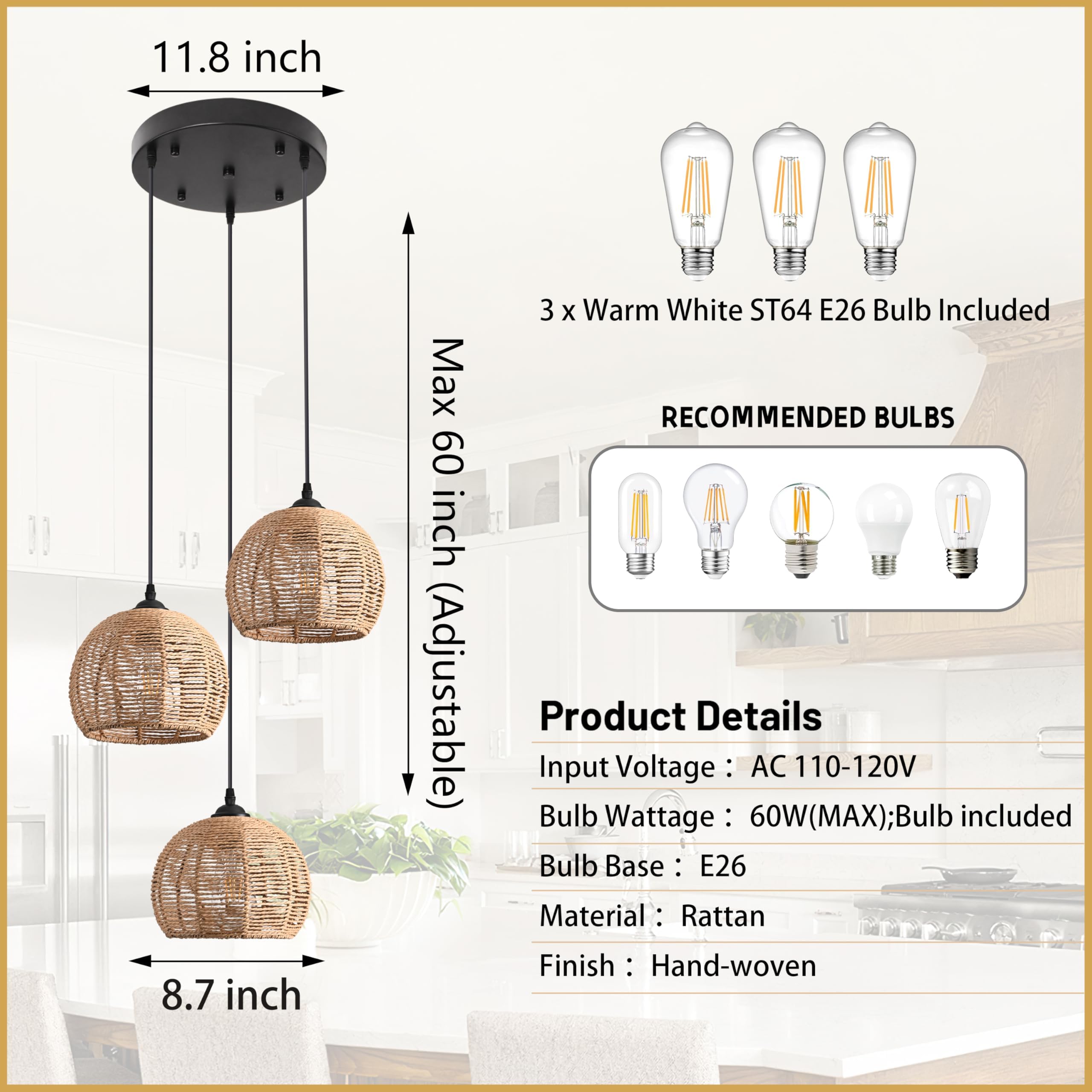 3-Light Mini Hemp Rope Woven Pendant Light Kitchen Island,3 Dome Hand Woven Boho Rattan Chandelier Farmhouse Wicker Ceiling Ligh