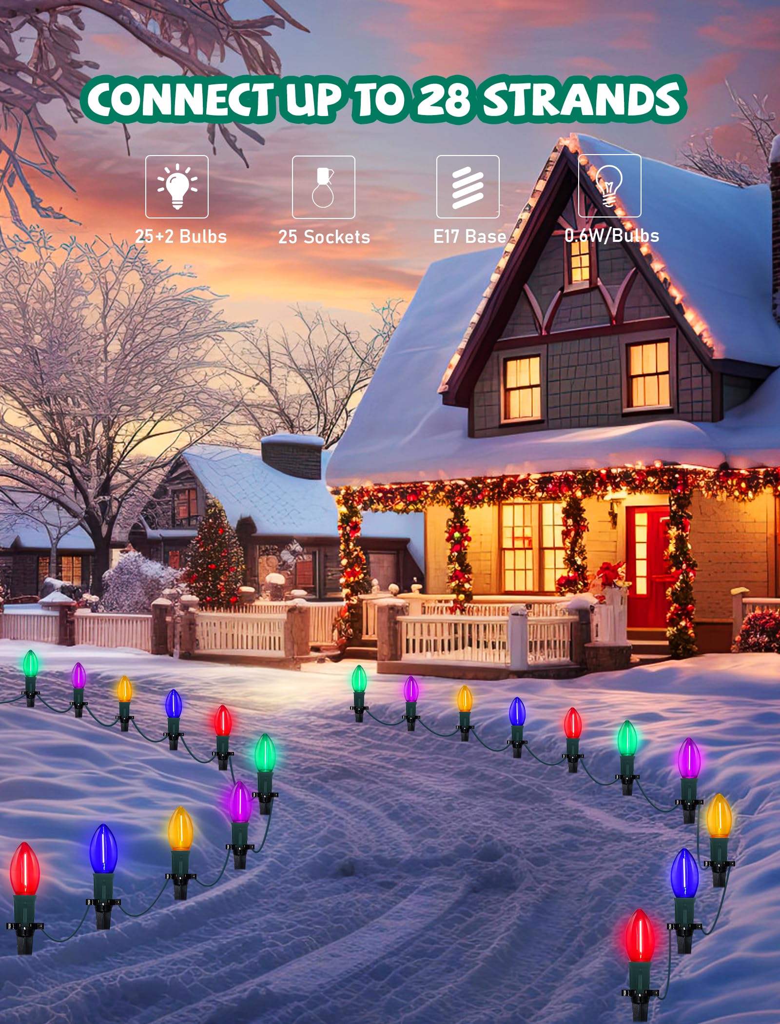 GOOTHY C9 LED Christmas Pathway Lights 38FT 25 Multicolor Bulbs Connectable Outdoor Decor