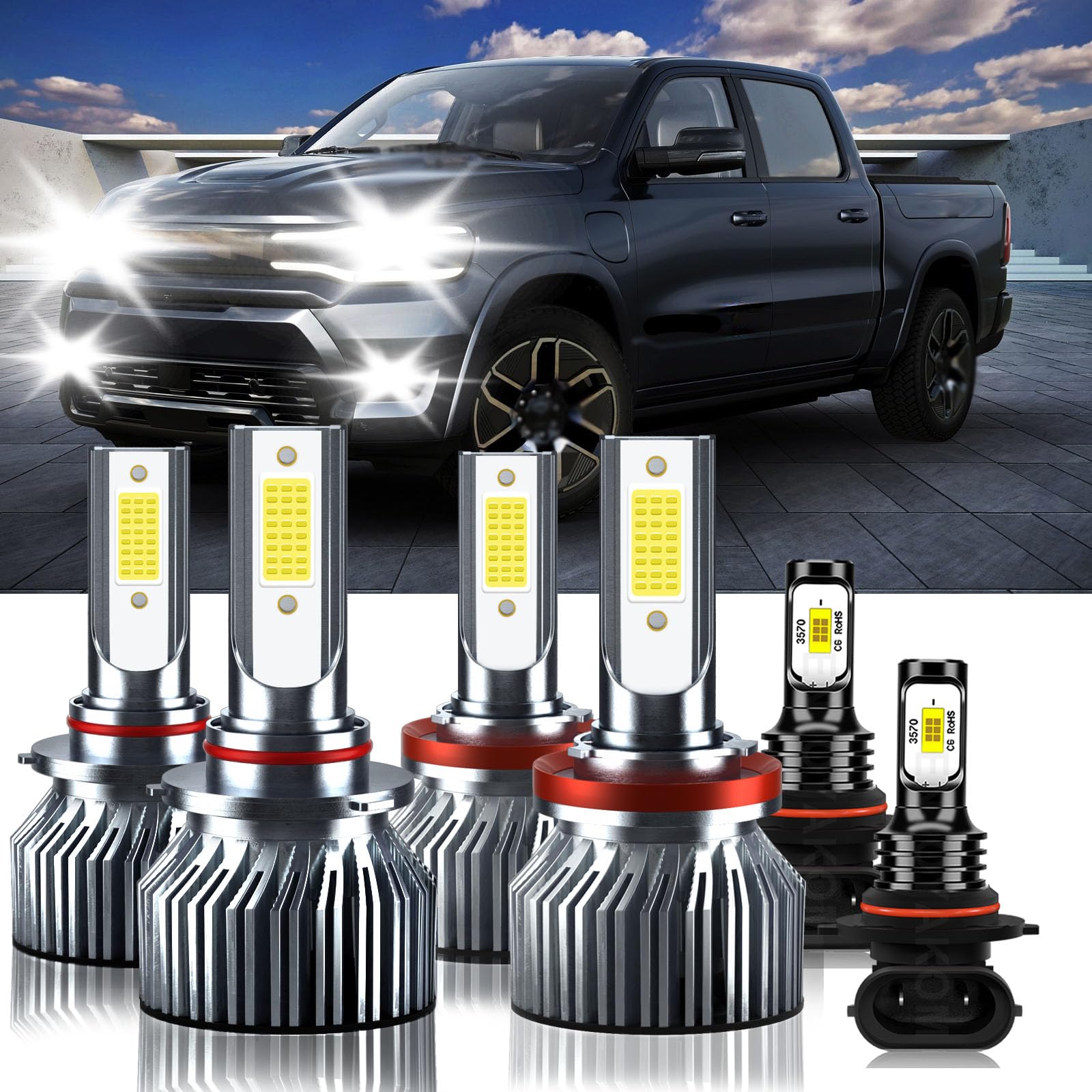 TXBILMOO Headlight Bulbs Kit for 2009-2012 Dodge Ram 1500 2500 3500, 32000LM, 6500K White, Aluminum