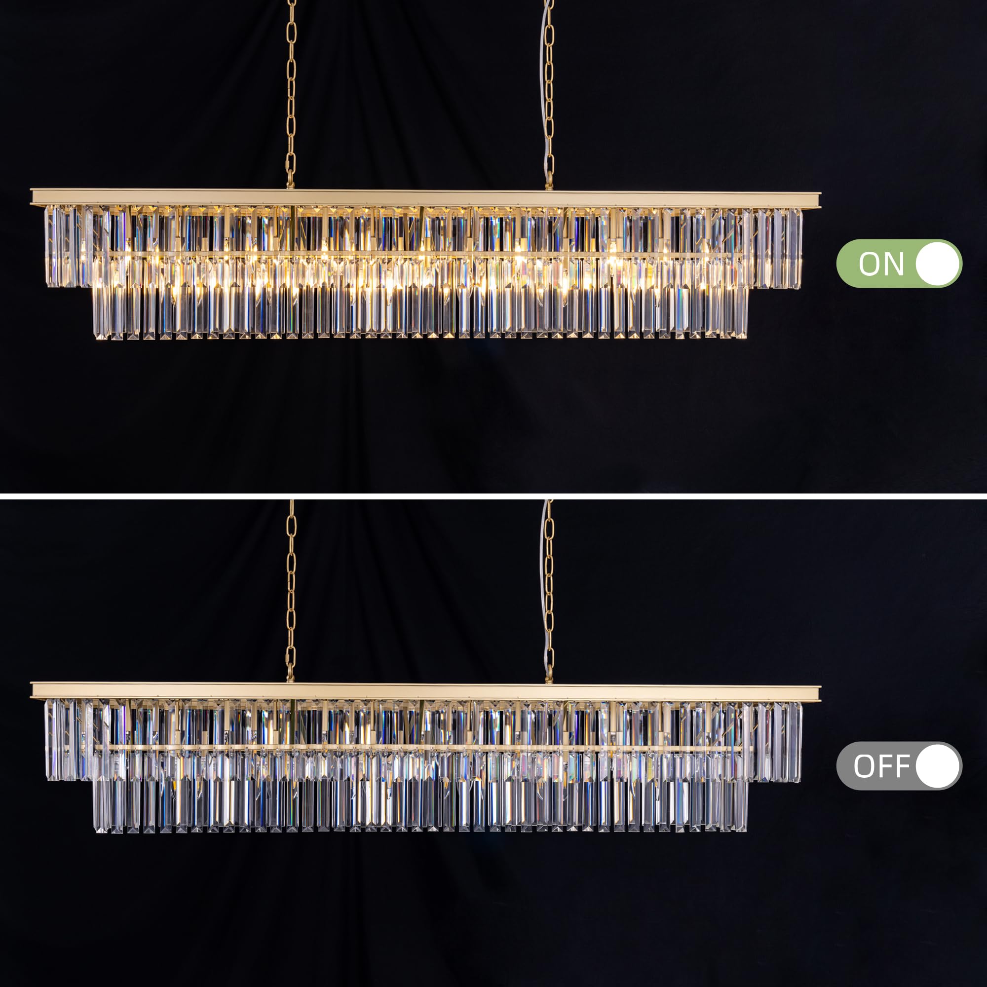Wellmet 13-Light Gold Crystal Chandelier, 57" Modern Rectangular Ceiling Fixture for Living Room, Dining Room, Bedroom, Kitchen Island