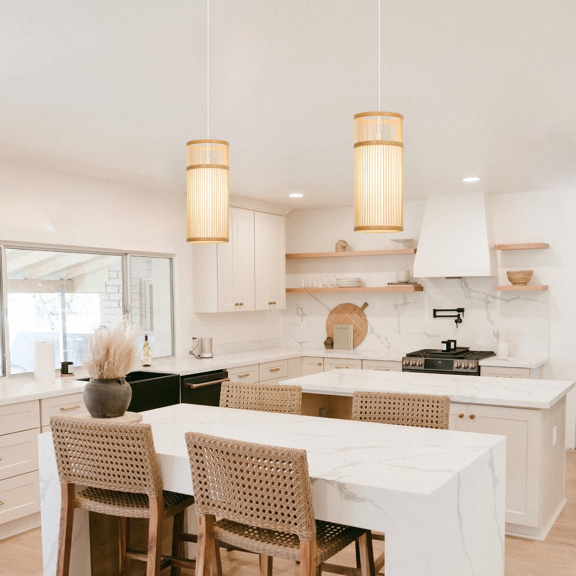 2 Pack Bamboo Pendant Light - Mini Pendant Lights Bedroom - Natural Hand-Woven Bamboo Light Fixture For Home Decor