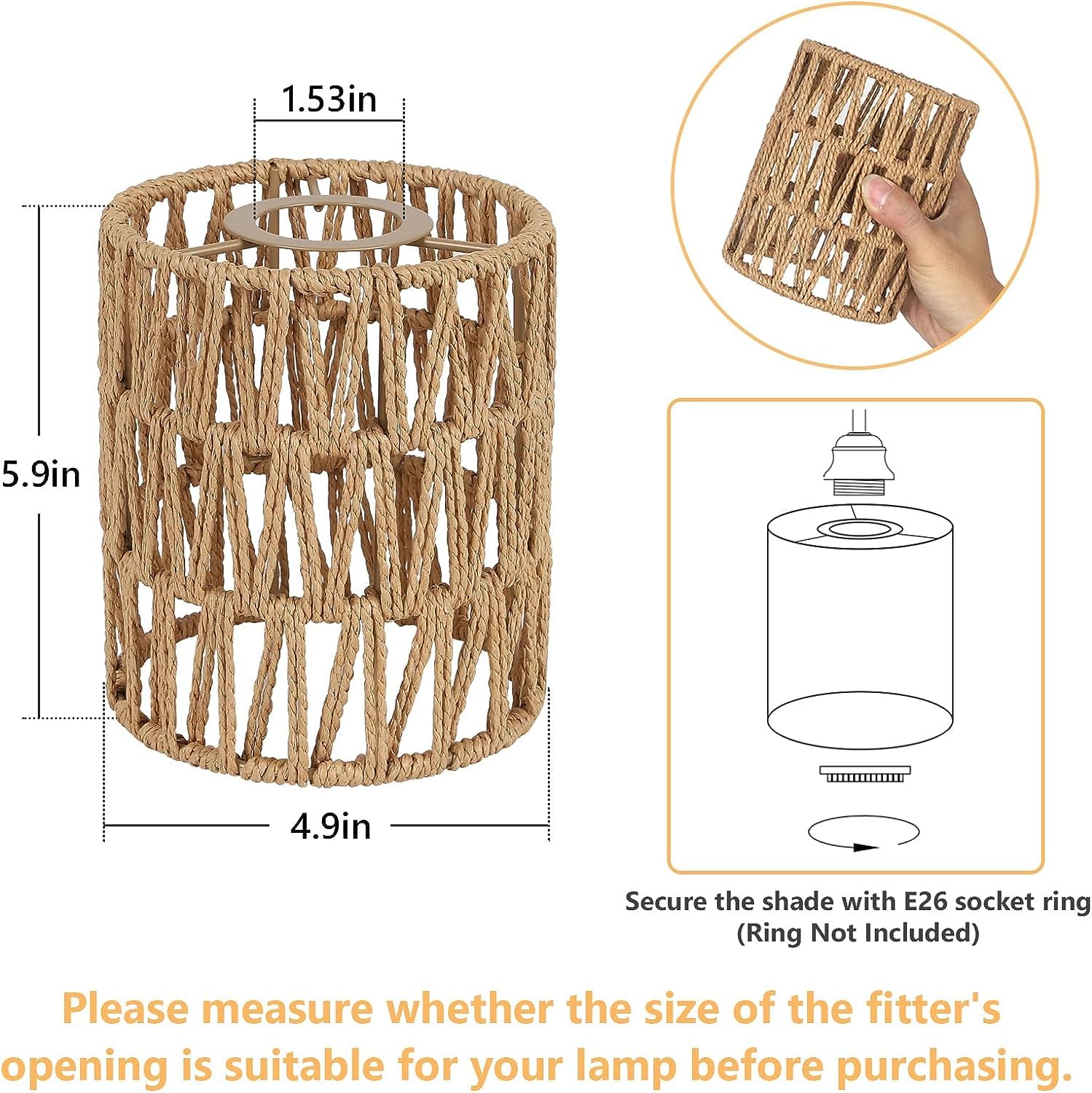 Stepeak Rattan Lamp Shade, Small Cylinder Woven Lampshade, 5.9in Height, 5in Diameter, Brown, for Floor Lamps and Lighting Fixtures