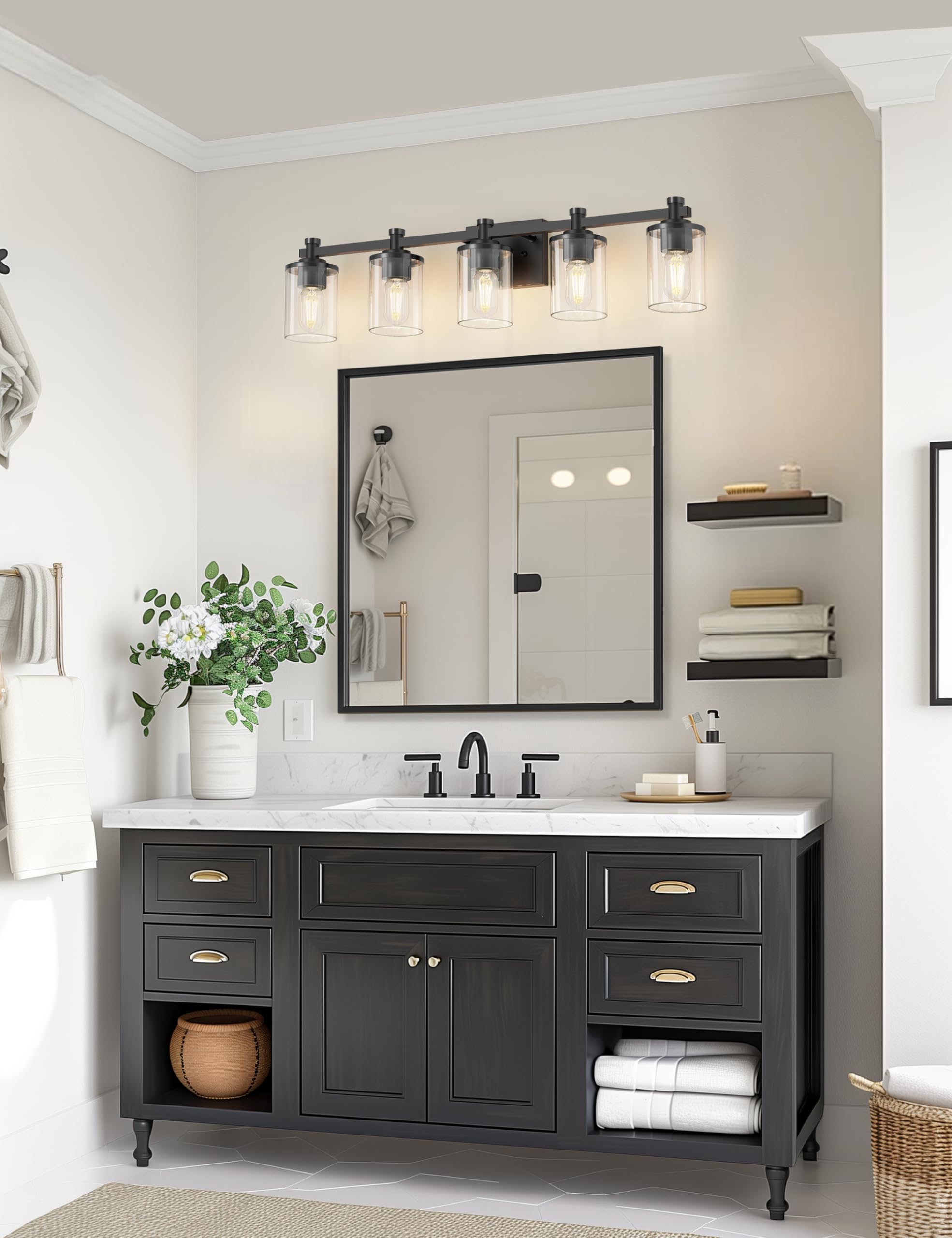 L LOHAS LED 5-Light Bathroom Vanity Light Fixture, Black Metal with Clear Glass Shade, Modern Design for Mirror or Hallway