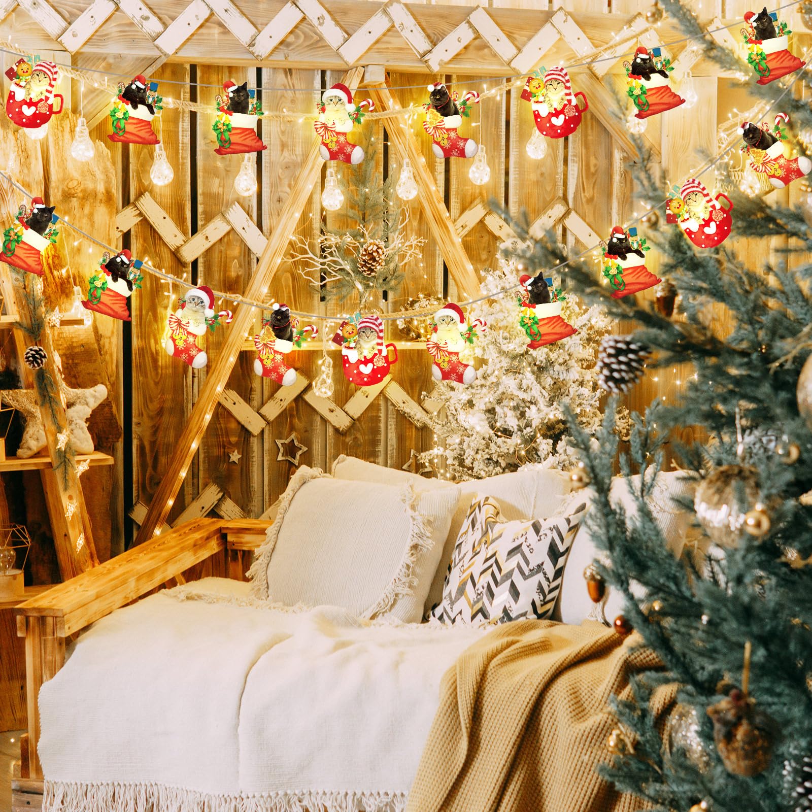 Ganeen Christmas String Lights 20 Led 10 Ft Cute Hanging String Lights For Christmas Tree Battery Operated Indoor Holiday Lights For Xmas Party Decorations Outdoor Mantel Fireplace(Cute Cat)