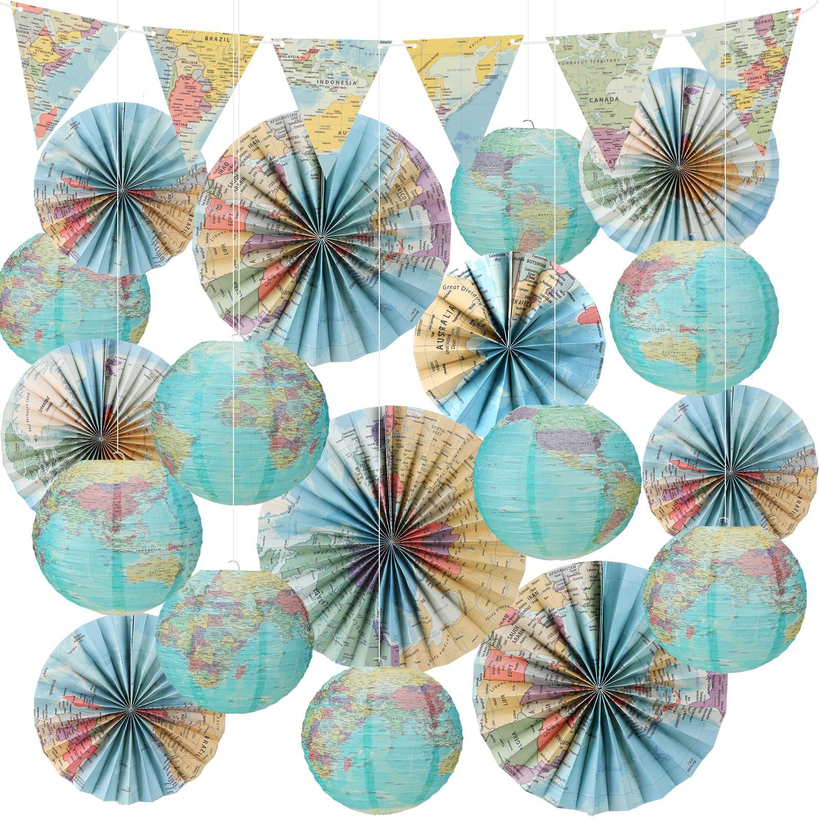 Tujoe 19 Pcs Map Classroom Decorations Travel Themed Party Decorations Globes Hanging Paper Lantern Fans Triangle Flags Banner For Home Earth Chinoiserie Theme Party(Green)