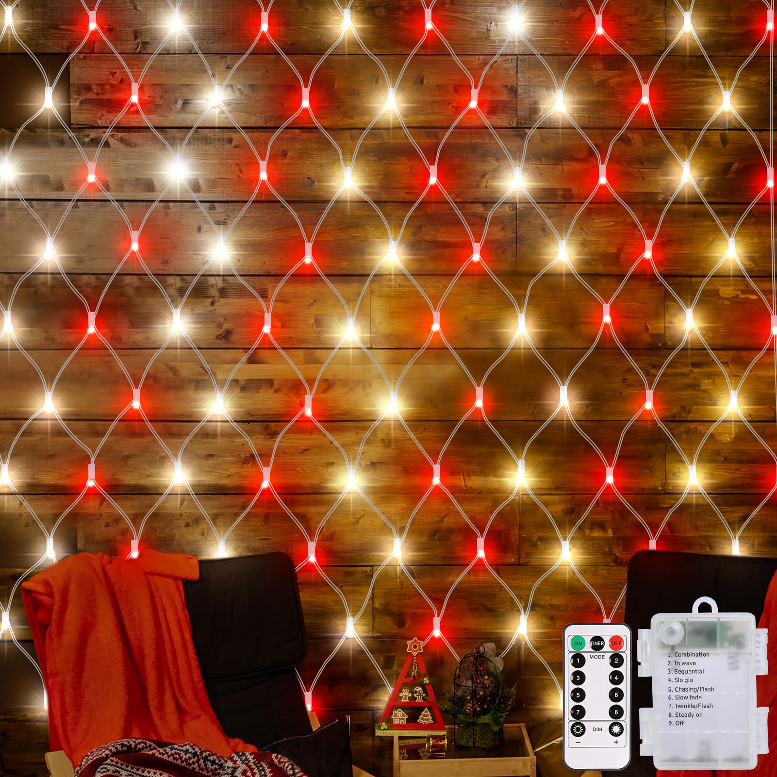 Battery Operated Christmas Red & White Net Lights, 5ft x 5ft 100 LED Net Fairy Lights 8 Modes Remote Timer Dimmable Garden Patio