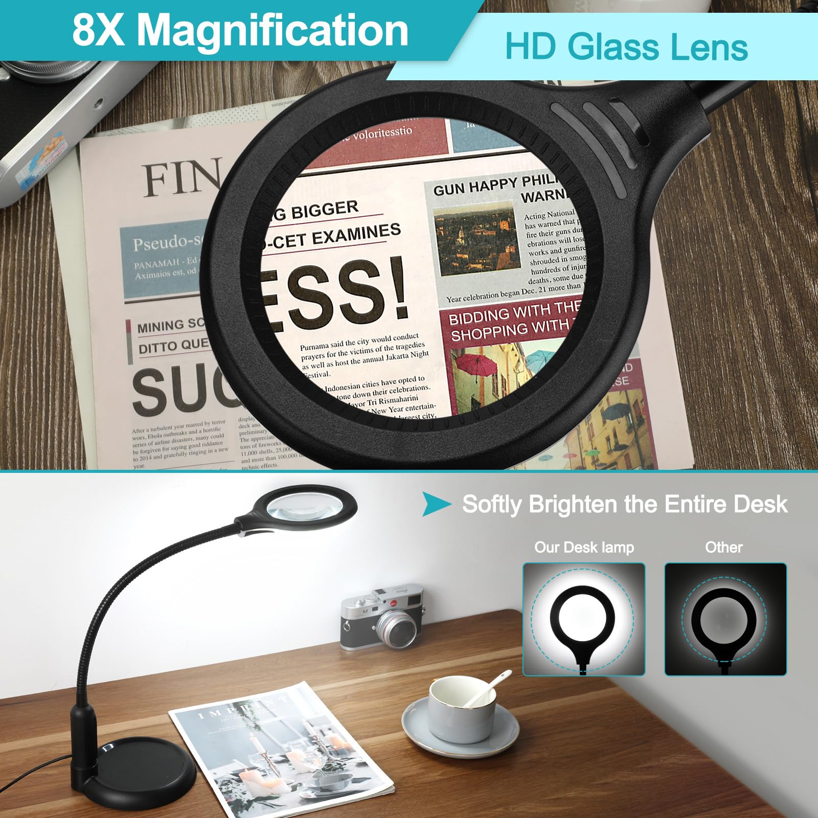 TOMSOO 10X Magnifying Glass with Light, Green, Aluminum, Model GKB41GTM, Stepless Dimmable, Flexible Gooseneck for Crafts and Hobbies
