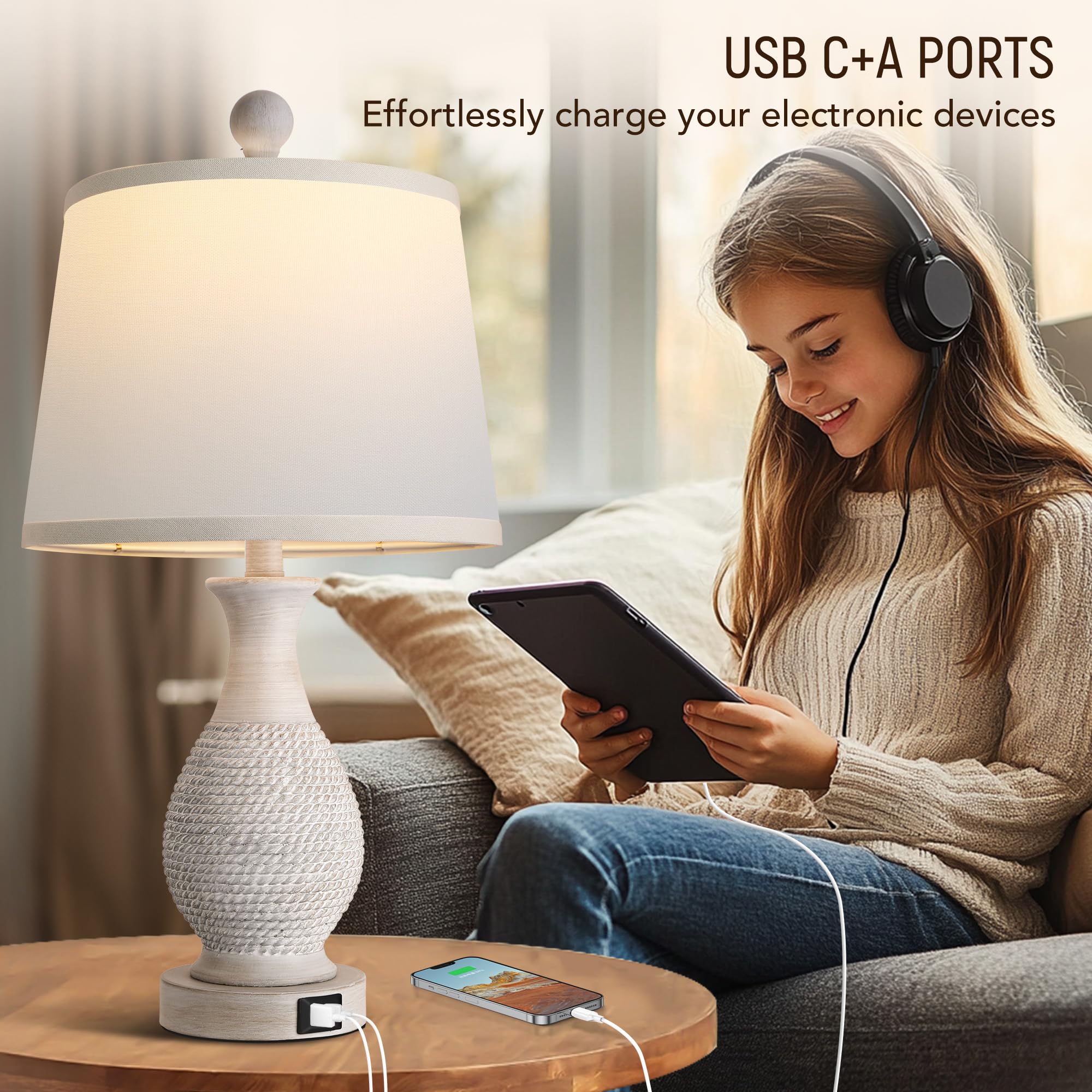 Partphoner Traditional Table Lamps Set Of 2, Bedside Touch Lamp With Usb C+A Charging Ports, Rustic Farmhouse Table Lamps For Li