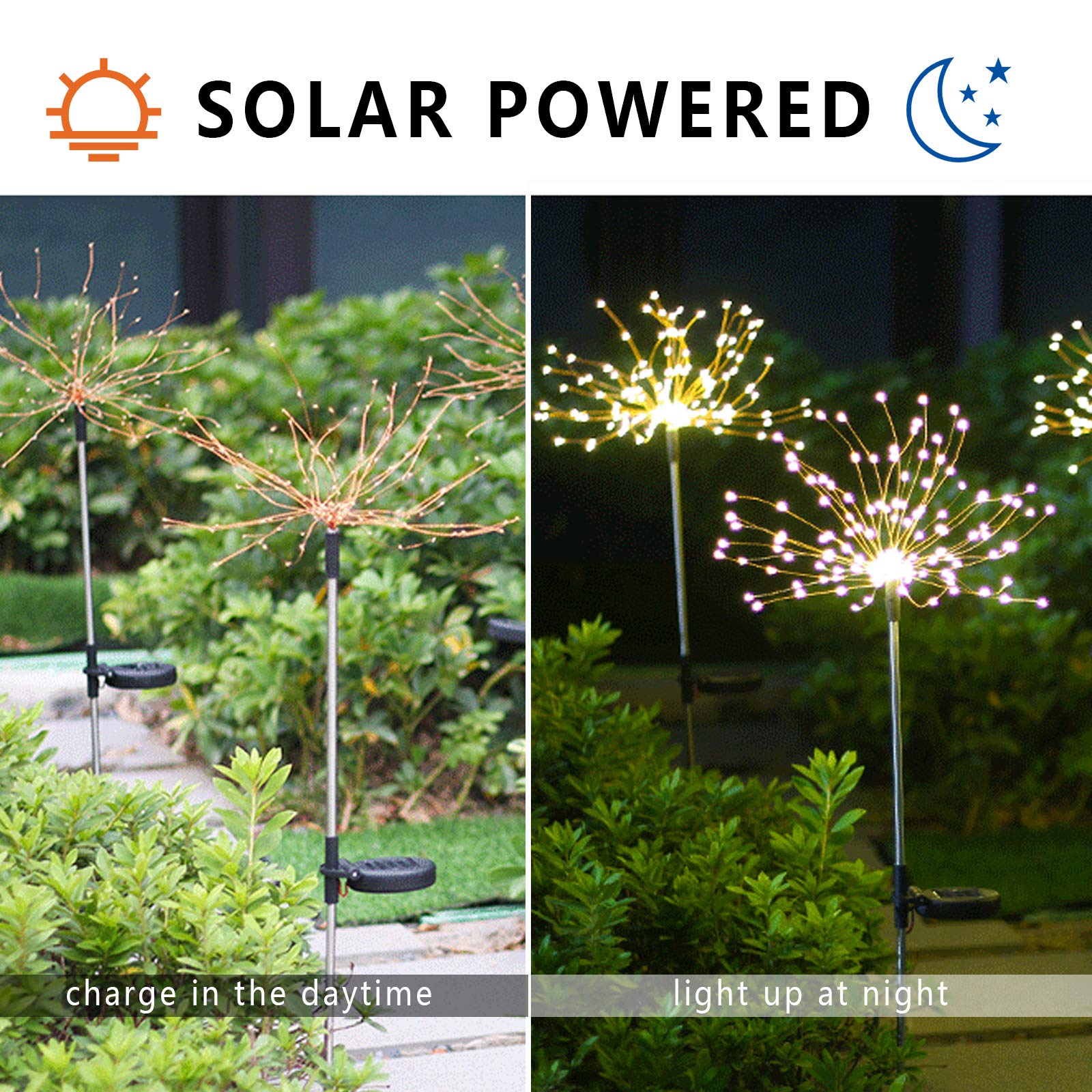 2 Pcs Solar Firework Light, Outdoor Solar Garden Decorative Lights 120 Led Powered 40 Copper Wires String Diy Landscape Light For Walkway Pathway Backyard Christmas Decoration Parties (Warm White)