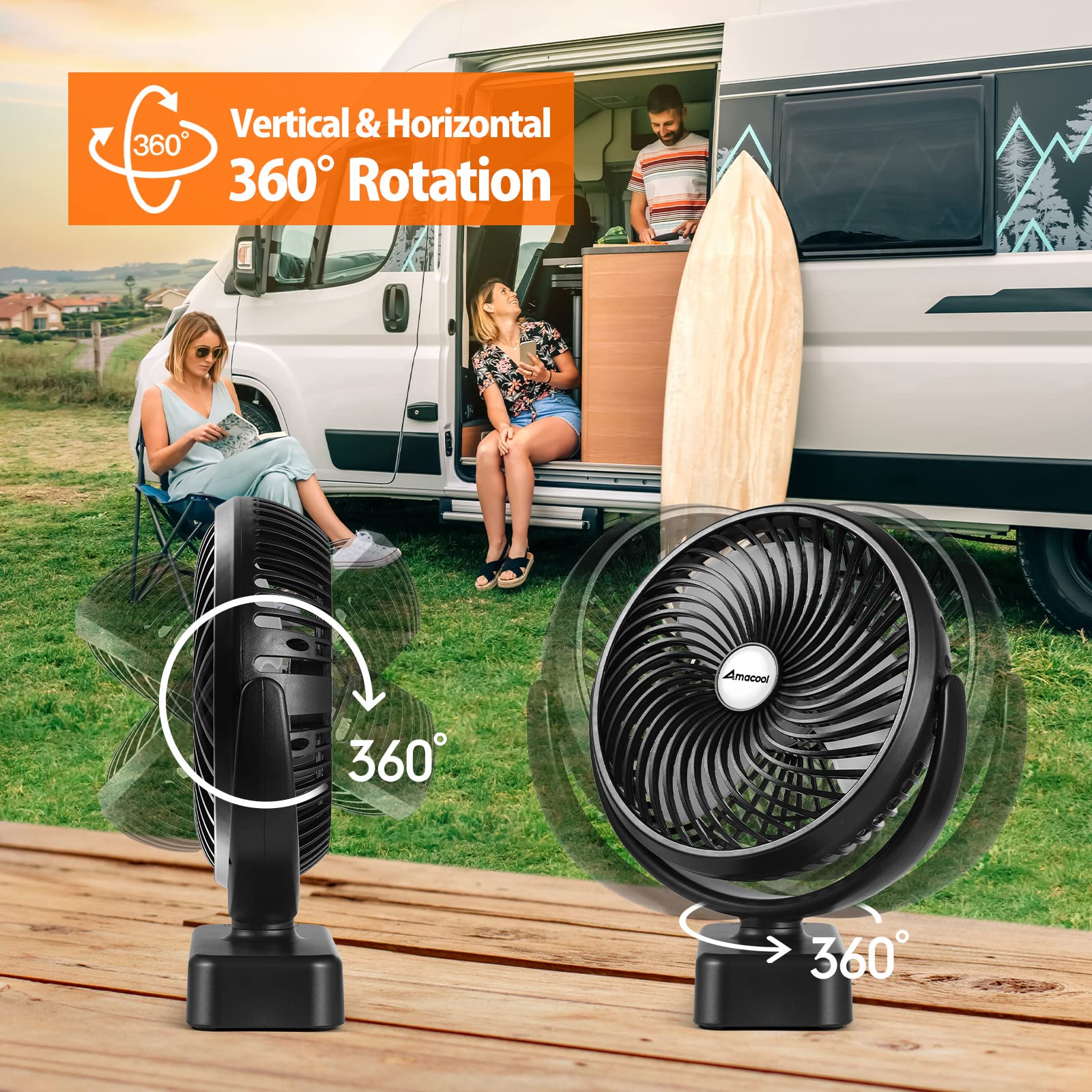 AMACOOL 10000mAh Camping Fan - 7" USB Fan with LED Light, Black, Model F320, Ideal for Tent, RV, Hurricane Emergency, Hanging Hook