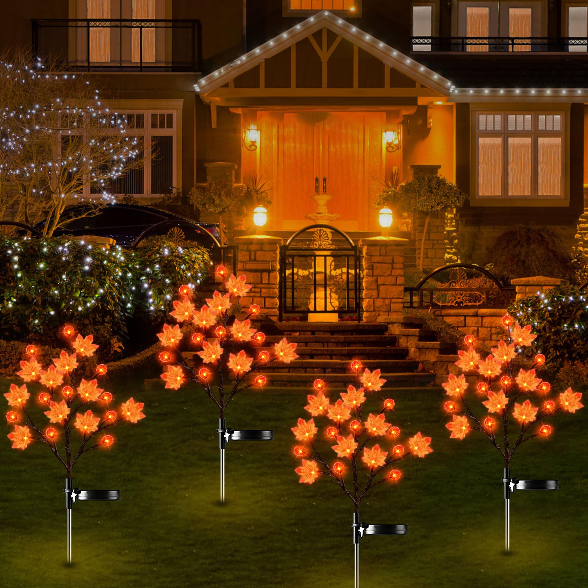 2 Pack Solar Outdoor Lights, Fall Decor Thanksgiving Decorations Outdoor Solar Lights With 3D Maple Pumpkin Lights, 2 Modes Fall Thanksgiving Lights Outdoor Solar Lights Waterproof For Yard Decor