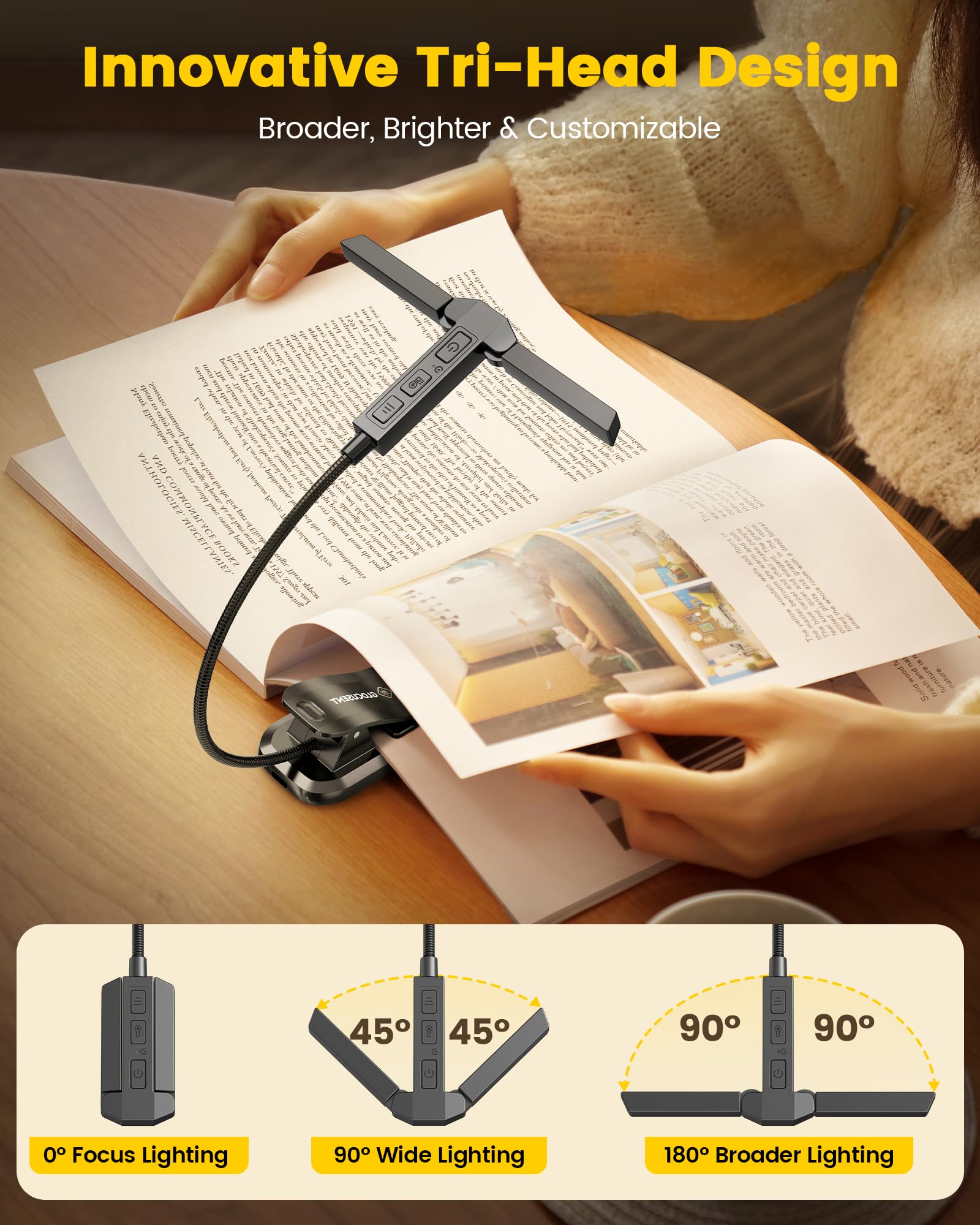 Glocusent Tri-Head Book Light - 5 Brightness Levels, 3 Colors, 1000Mah Rechargeable, Timer