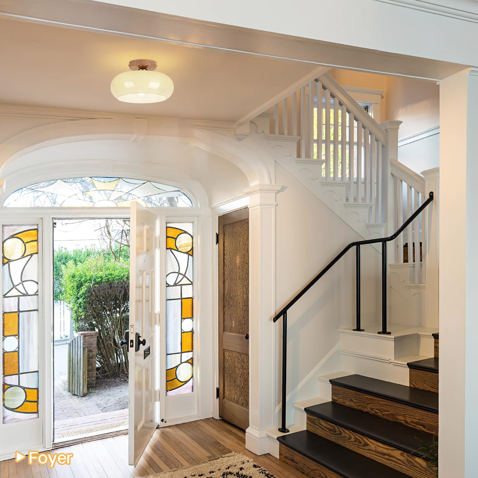 Clarsyne Mid Century Modern Schoolhouse Semi Flush Mount Ceiling Light  Cream Glass Lamp With Wood Grain Metal Base  Rustic Farmhouse Lighting Fixture For Bedroom  Hallway  Dining  Living  Entryway