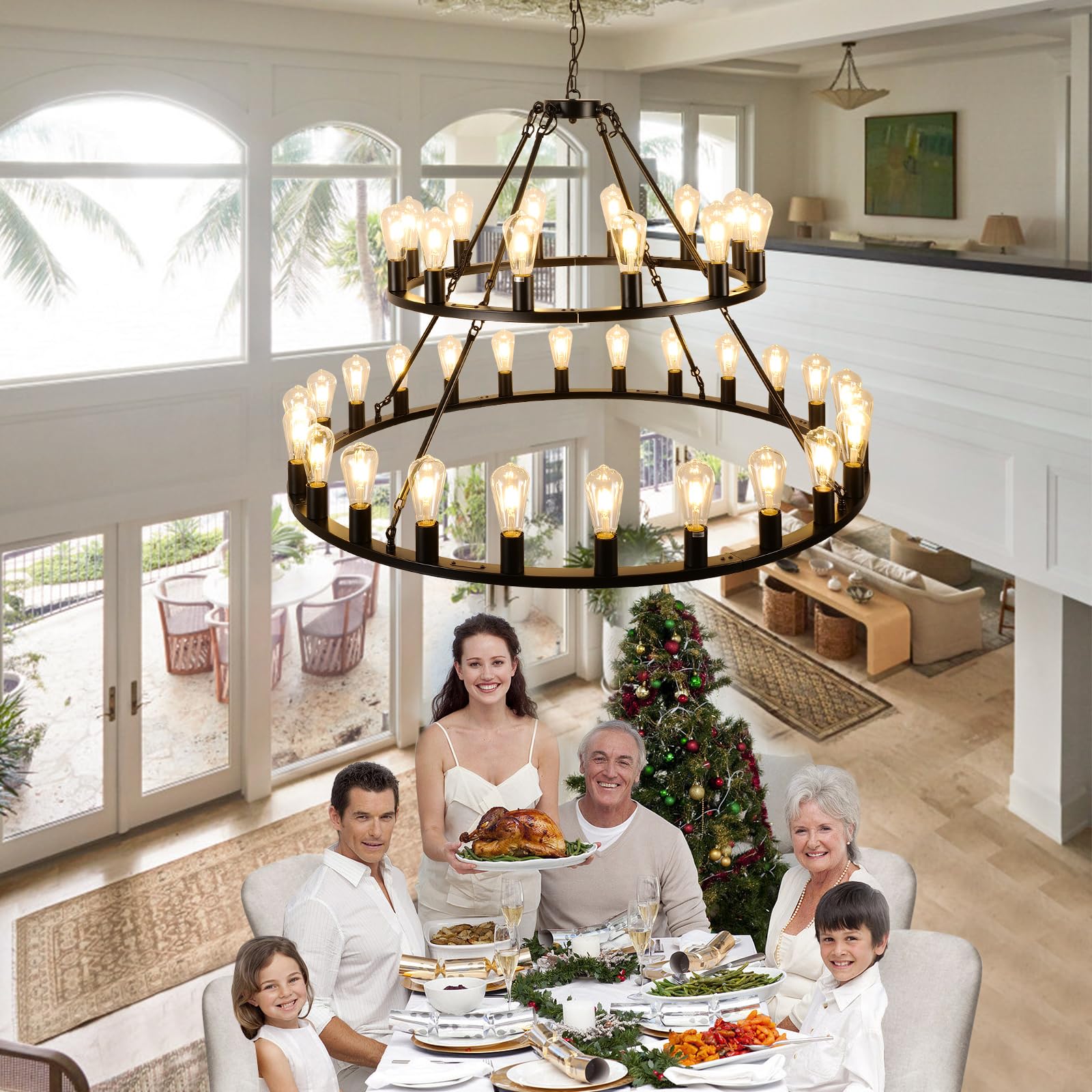 WOGON WEEL 2-Tier 48-Inch Black Wagon Wheel Chandelier, 36-Light Rustic Pendant Light for High Ceilings, Farmhouse Industrial Style