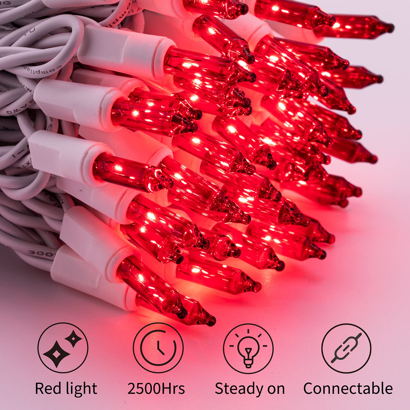 Christmas Red Mini String Lights, 100 Count 26.5 Feet Detachable Incandescent Bulb Waterproof Red Fairy Lights Plug in for Indoo