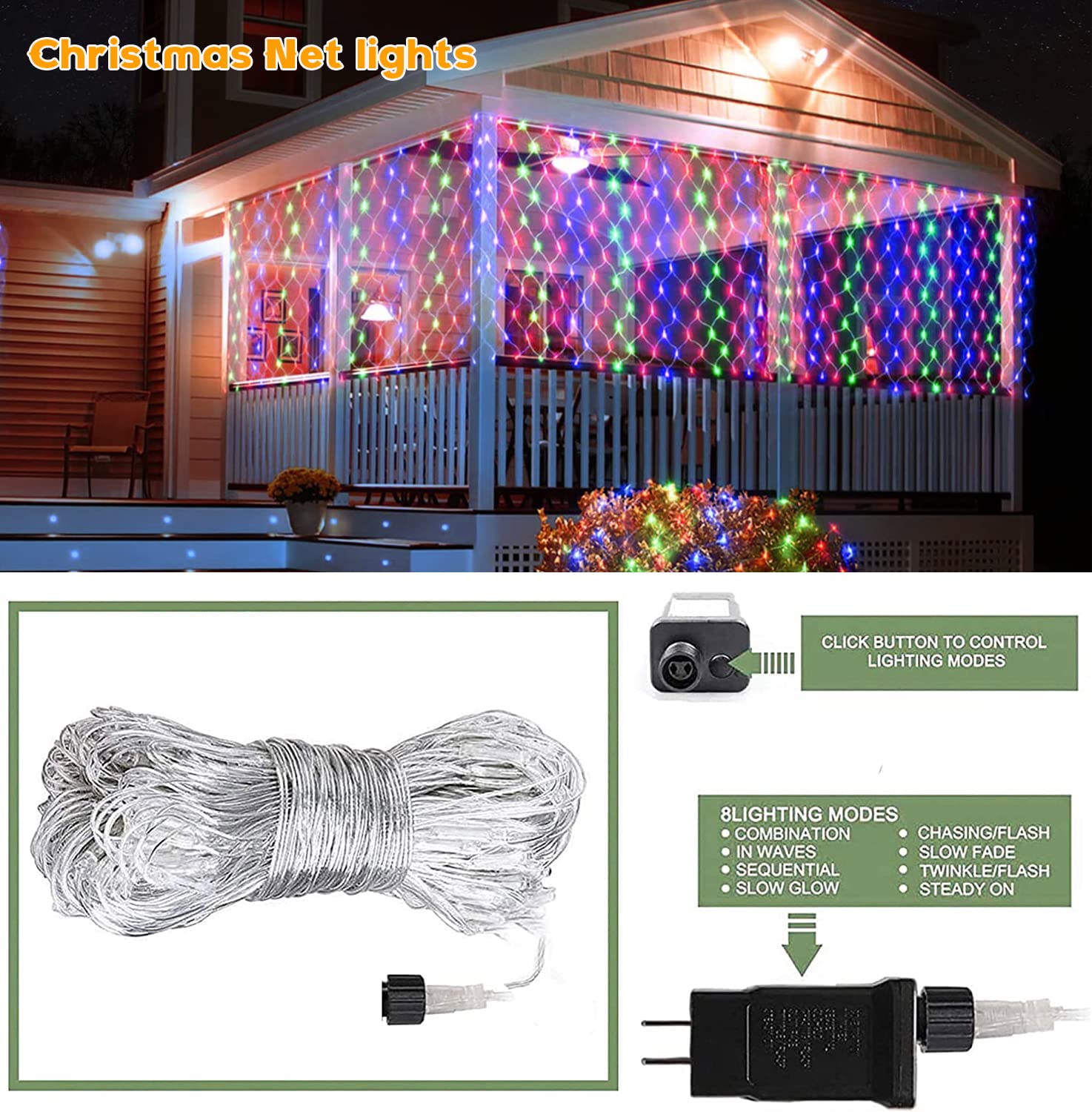Oopswow Garden Net String Lights, Outdoor 192Led 9.8Ft X 6.6Ft Multicolor Fairy Lights With 8 Modes, Waterproof For Patio, Tree,