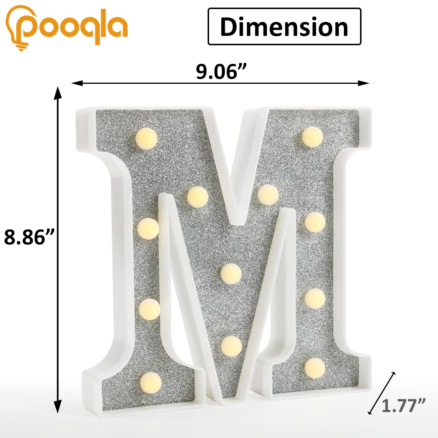 Pooqla LED Letter Lights Marquee Signs, Battery Powered, 18 Colors with Remote, Glitter Silver, Model e2b44910