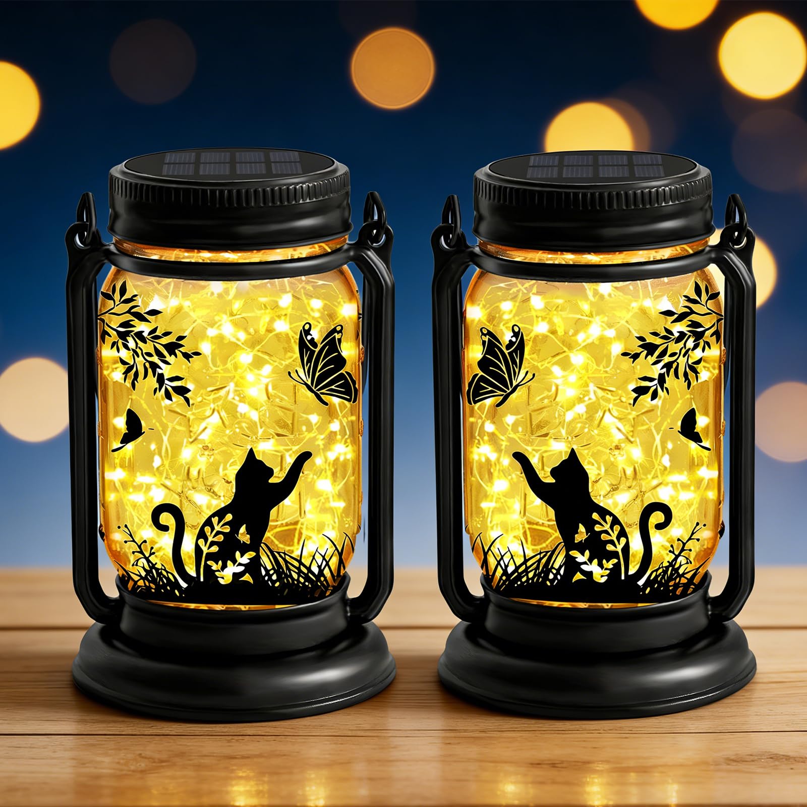 2 Packs Cat Lover Gifts for Mom, Grandma, Women Mothers Day Birthday, Cat Solar Lanterns Butterfly Vintage Glass Hanging Mason J