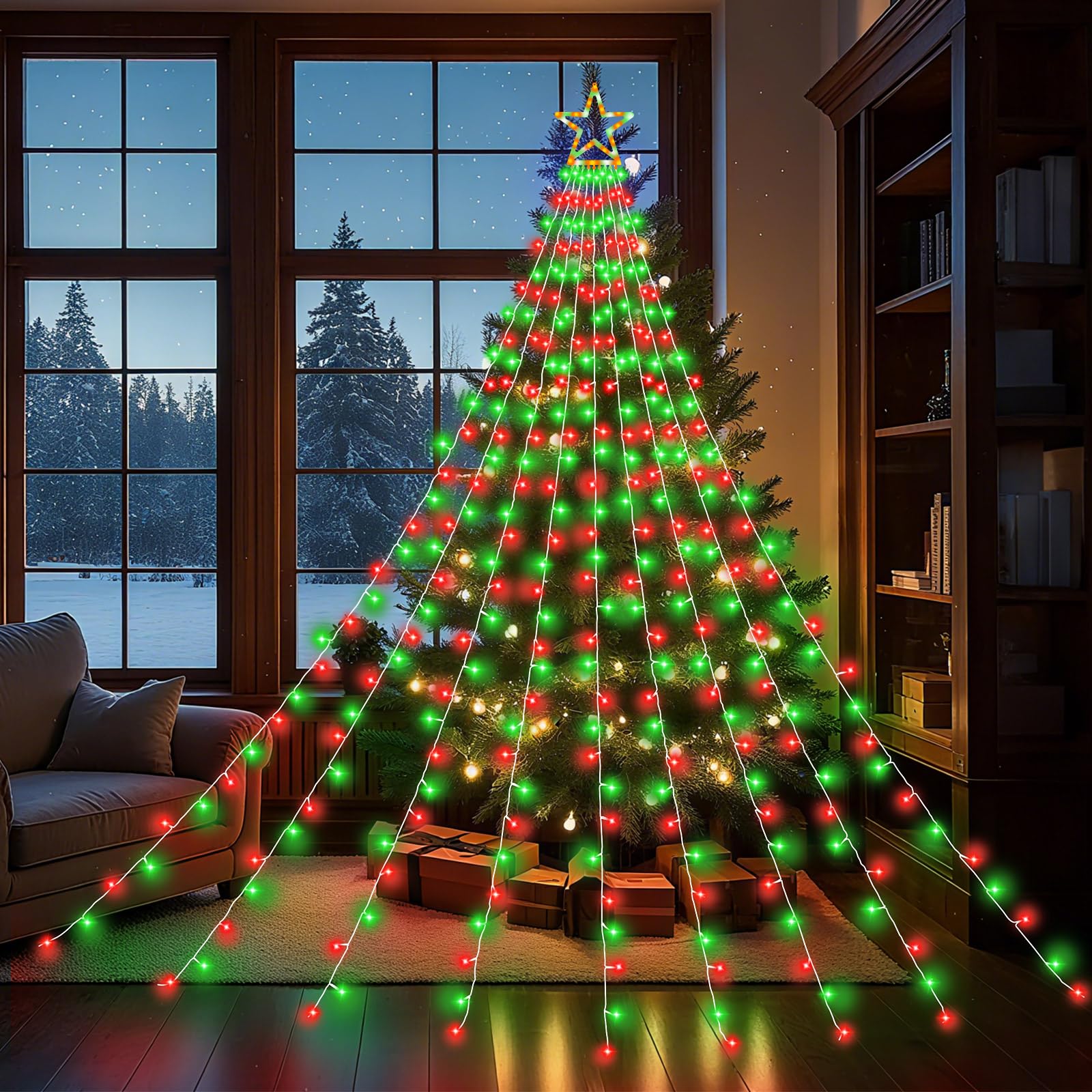 DINGFU Christmas Tree Lights, 317 LED, 11.5 ft, 8 Lighting Modes & Timer, Red+Green, Model YLC317MD01