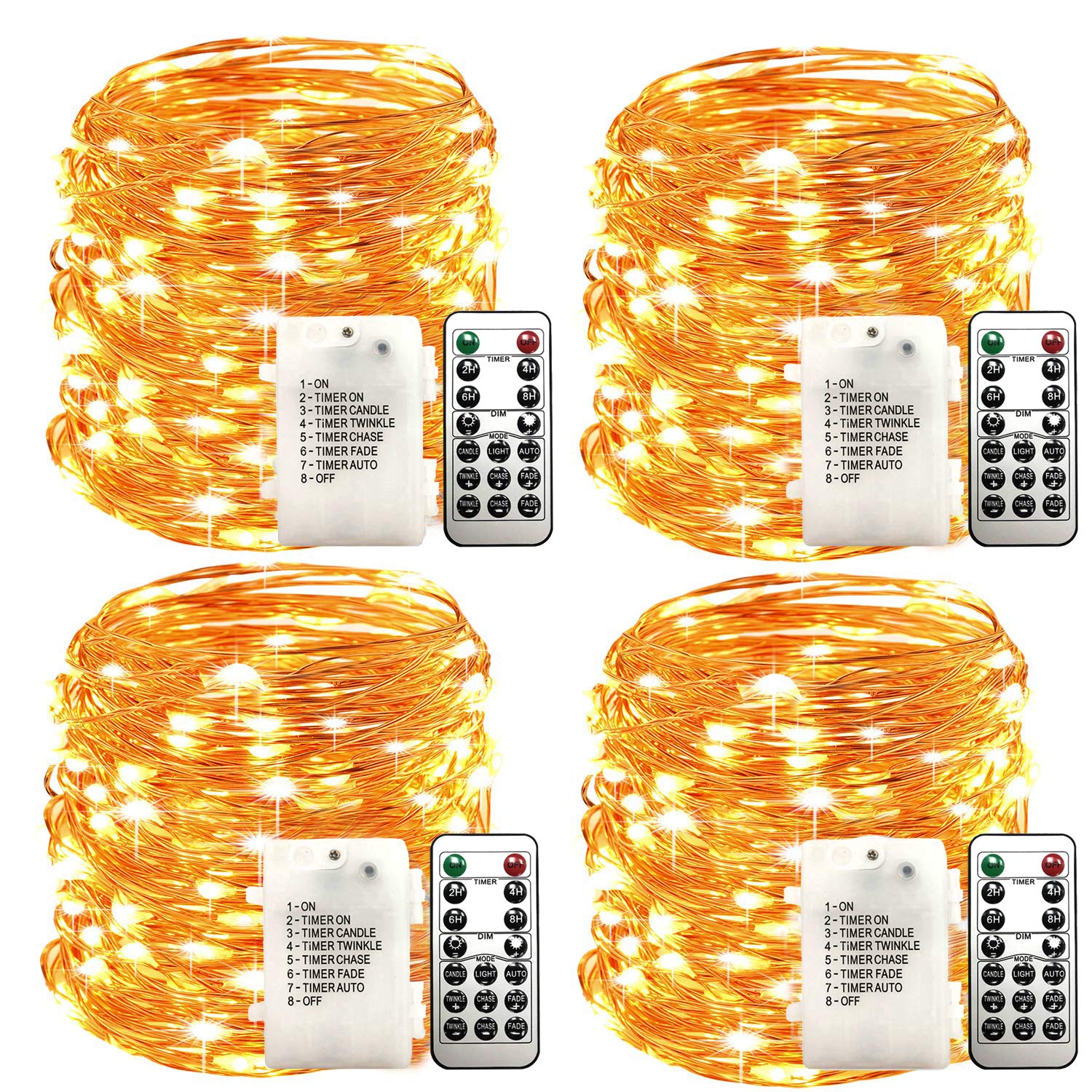 Wsgift 33Ft 100 Led Warm White Fairy Lights, Battery Operated With Remote, Waterproof Copper Wire