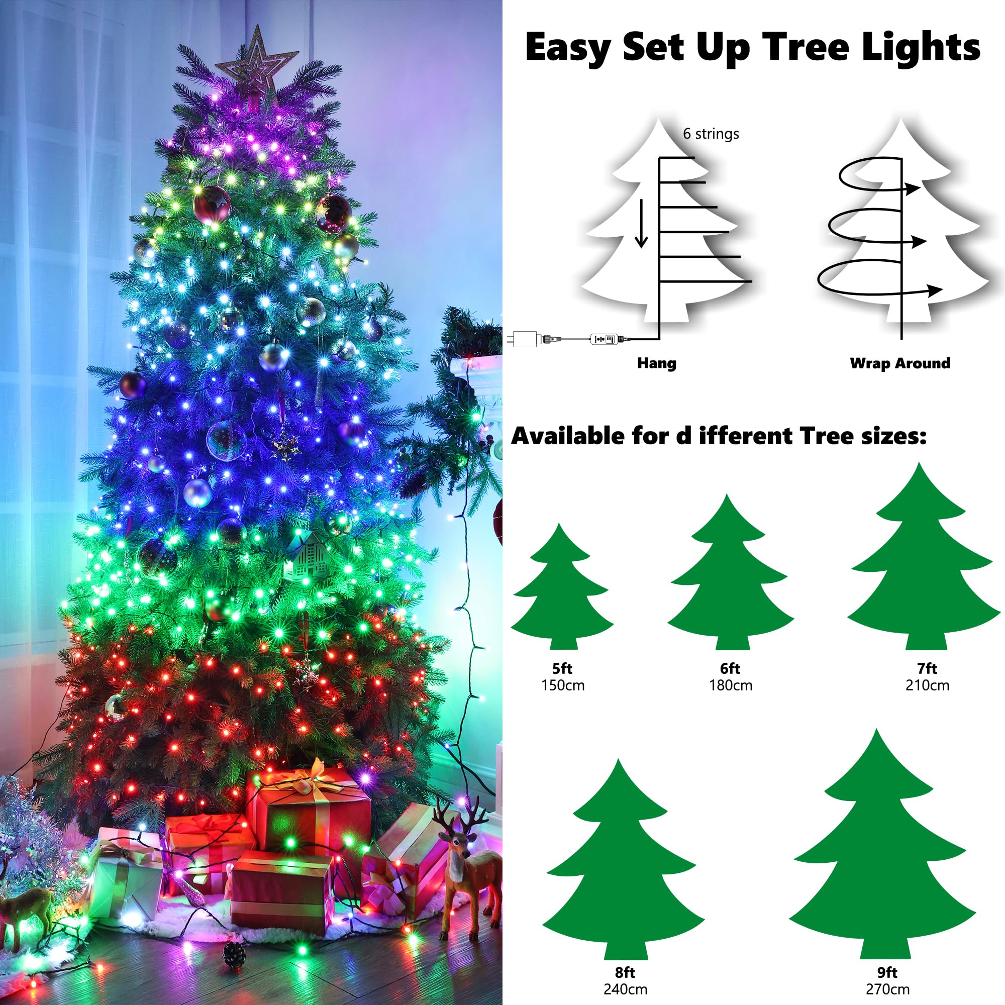 iBaycon RGB Christmas Tree Lights, 540 LED Waterproof with Remote & Timer, Color Changing for 5ft to 9ft Trees, Model SSL540-S(IC)