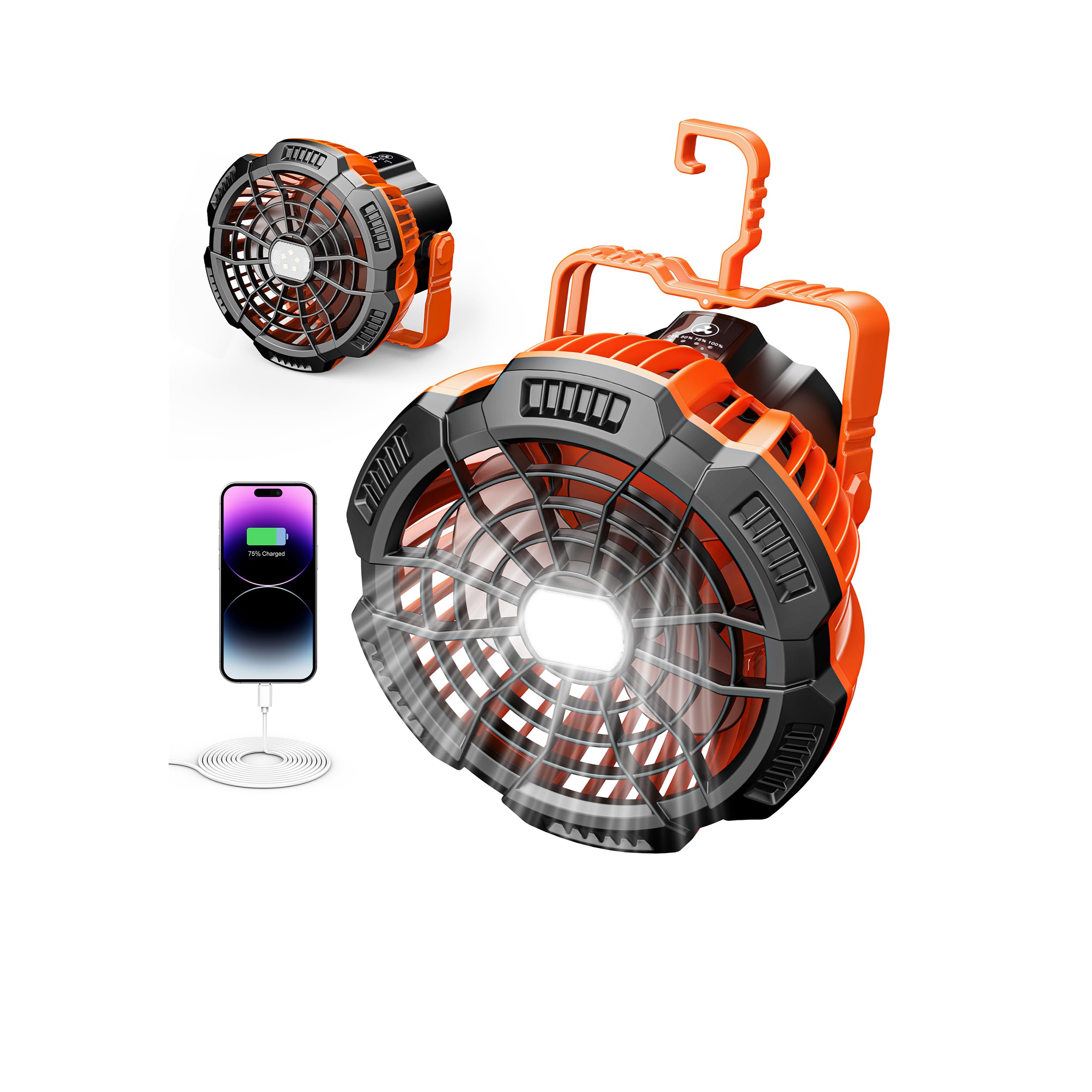 Drchop Portable Camping Fan & Lantern, 15000mAh, Rechargeable, Large, Orange, Model X10