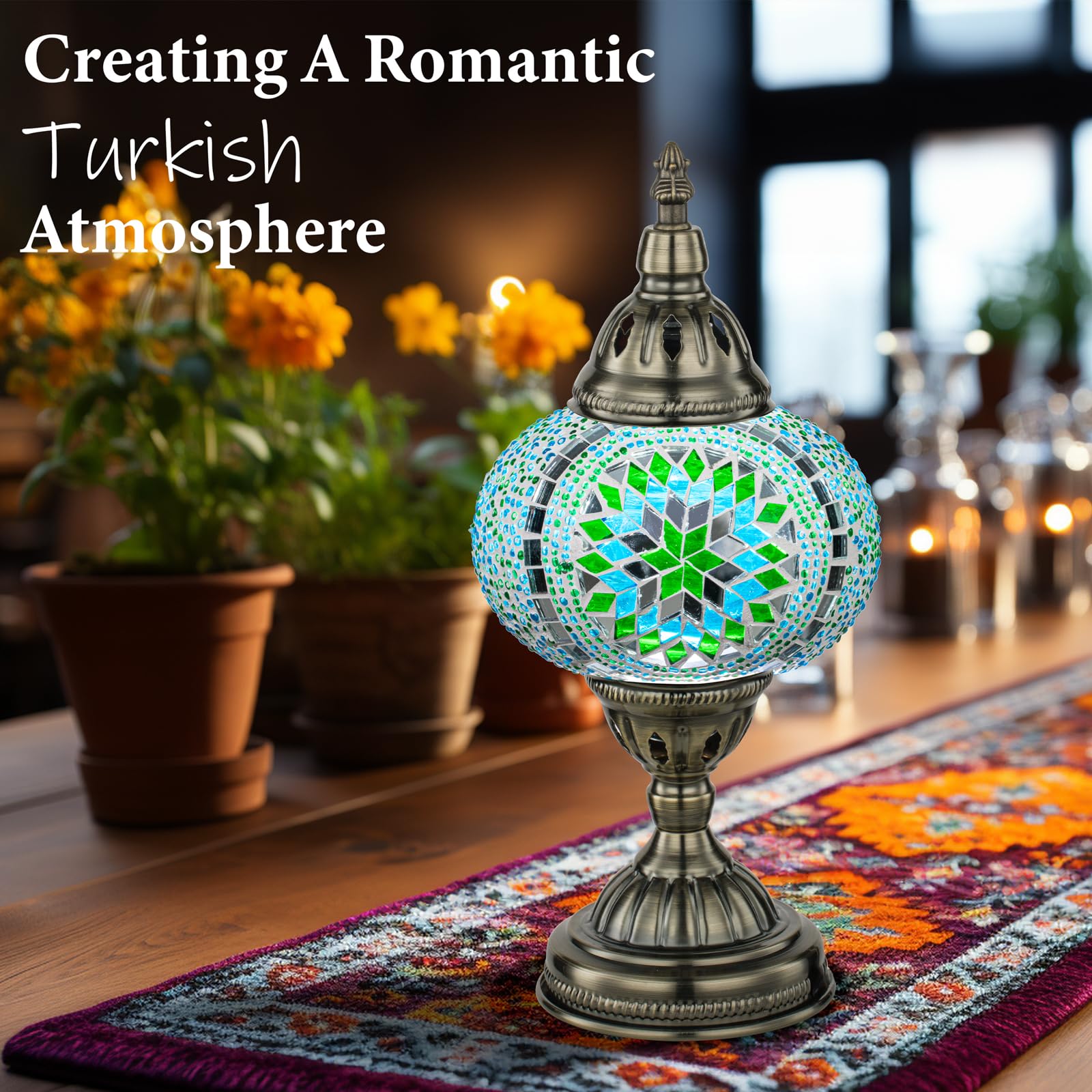 Marrakech Moroccan Mosaic Lamp, Handmade Glass Shard Light, Bronze Base, LED Bulb, Green, Model YMA401-15-LB01-TowerB