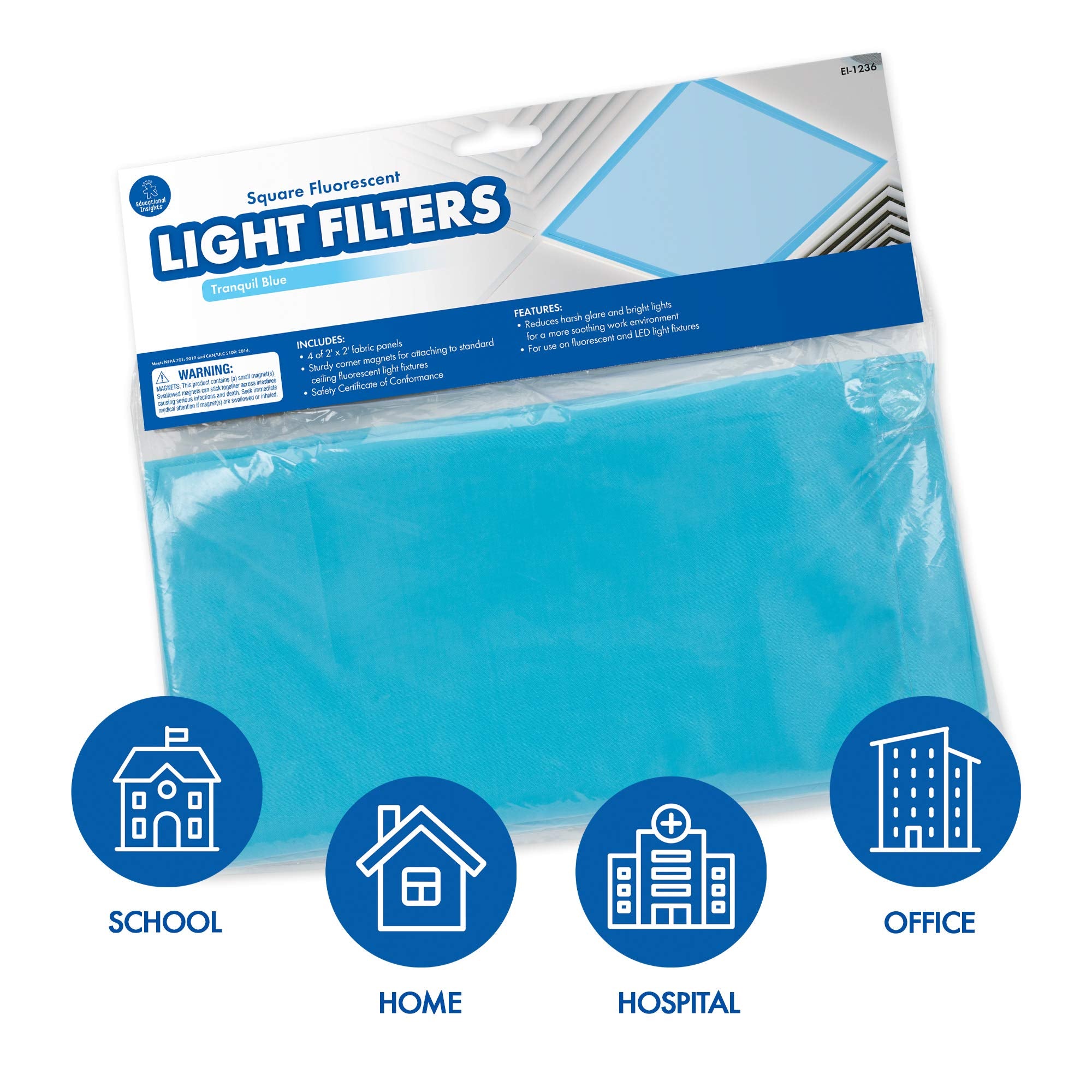 Educational Insights Mini Light Filters Tranquil Blue, 2’ X 2’ 4-Pack, Square Fluorescent Light Covers, Easy Install For Office, Hospitals, Home & Classroom Must Haves