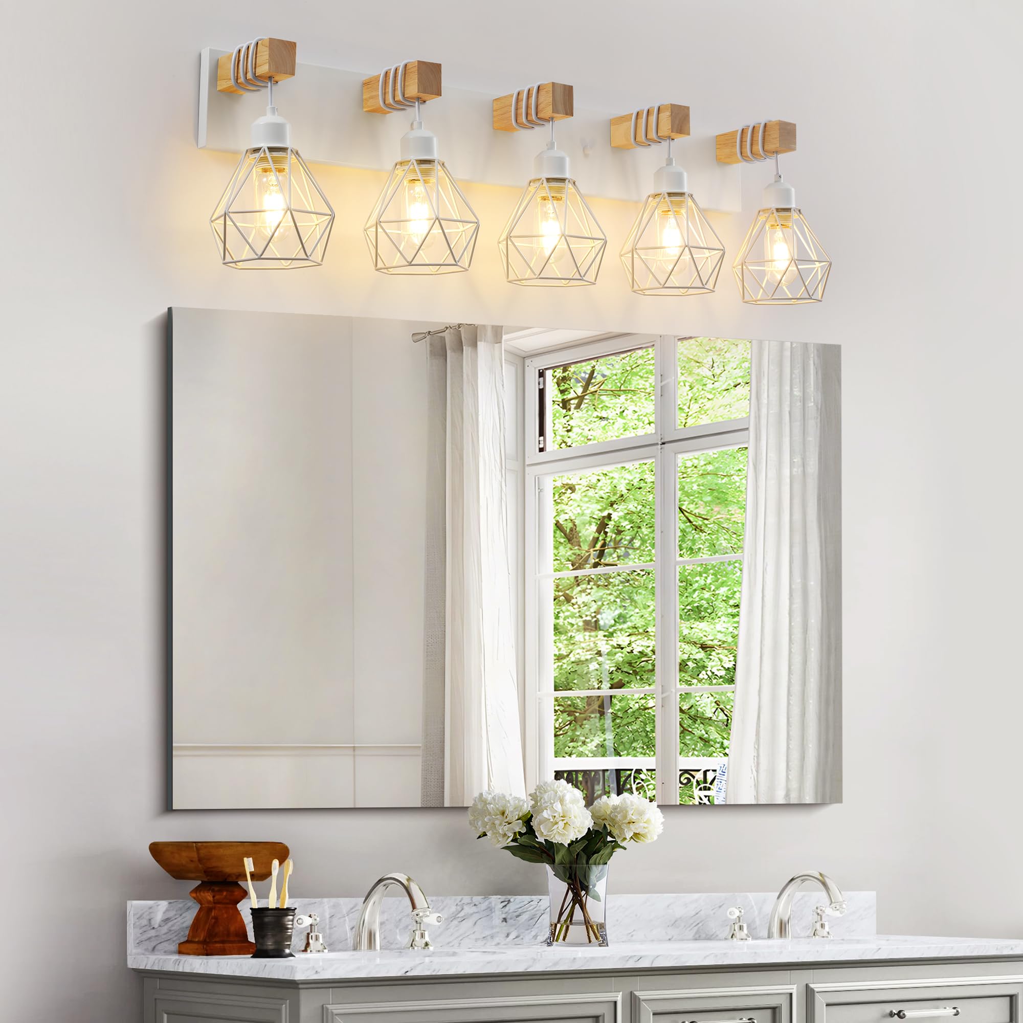 Farmhouse Vanity Light For Bathroom, 5-Light White Wood Bathroom Vanity Light Fixtures Over Mirror, Rustic Sconces Wall Lighting