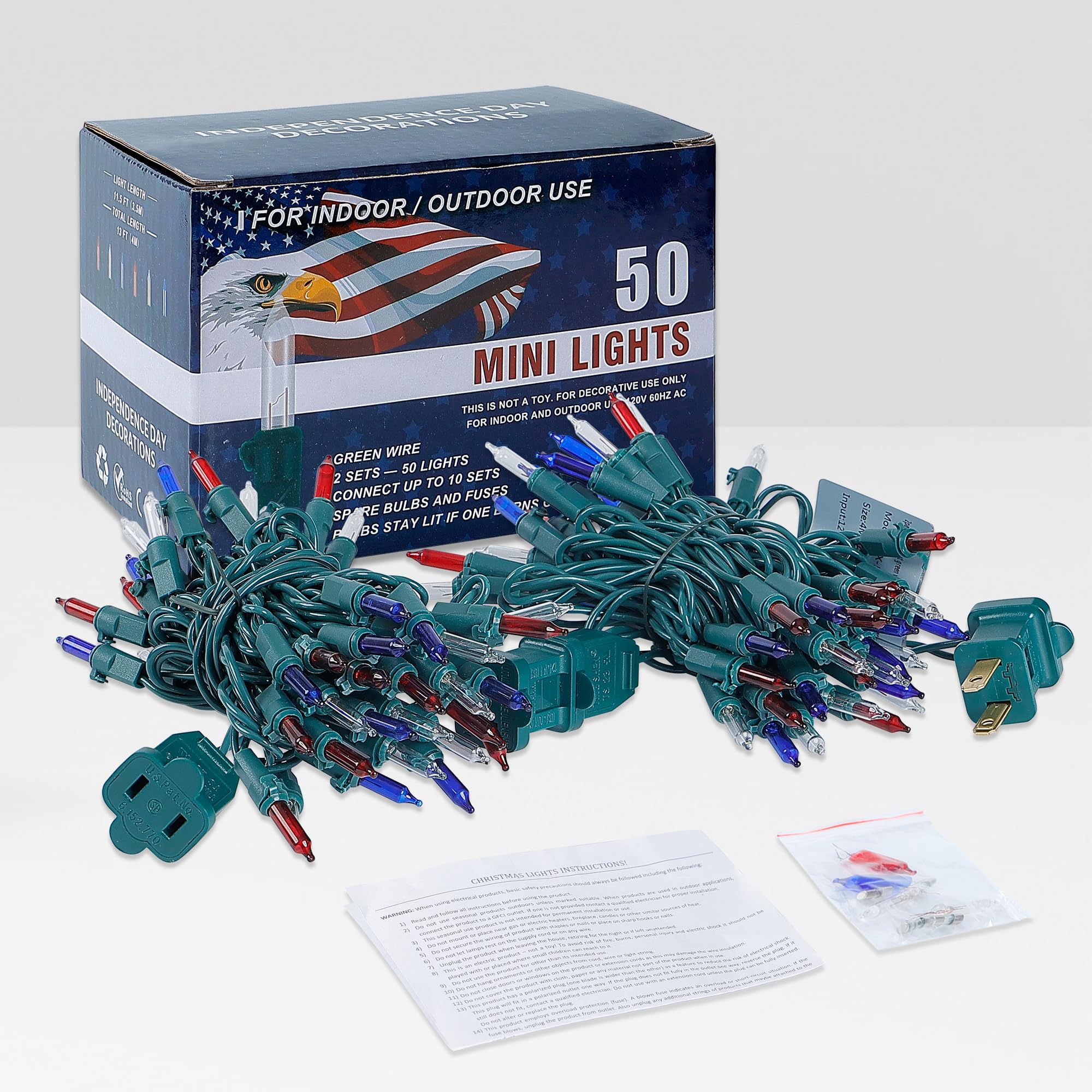 Hopolon 50 Count Red White Blue Mini String Lights, 13Ft Incandescent, 2Pack For 4Th Of July Indoor Outdoor Decor