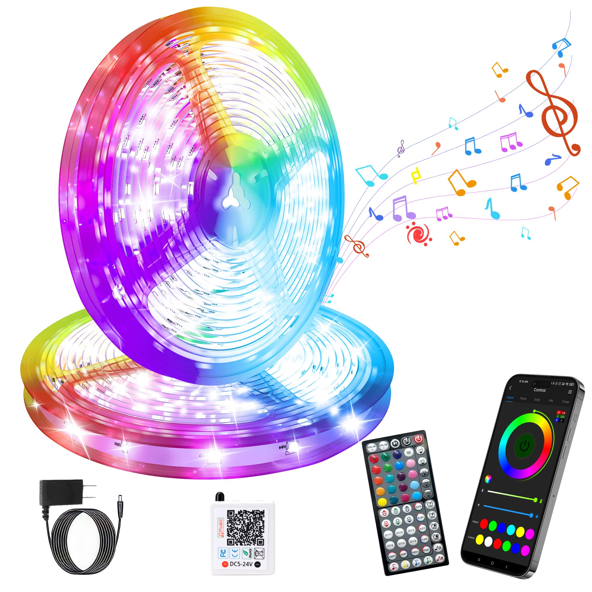 GANZQH Led Lights for Bedroom 150ft (2 Rolls of 75ft) Music Sync Color Changing Led Strip Lights, Led Light Strip with Remote, A