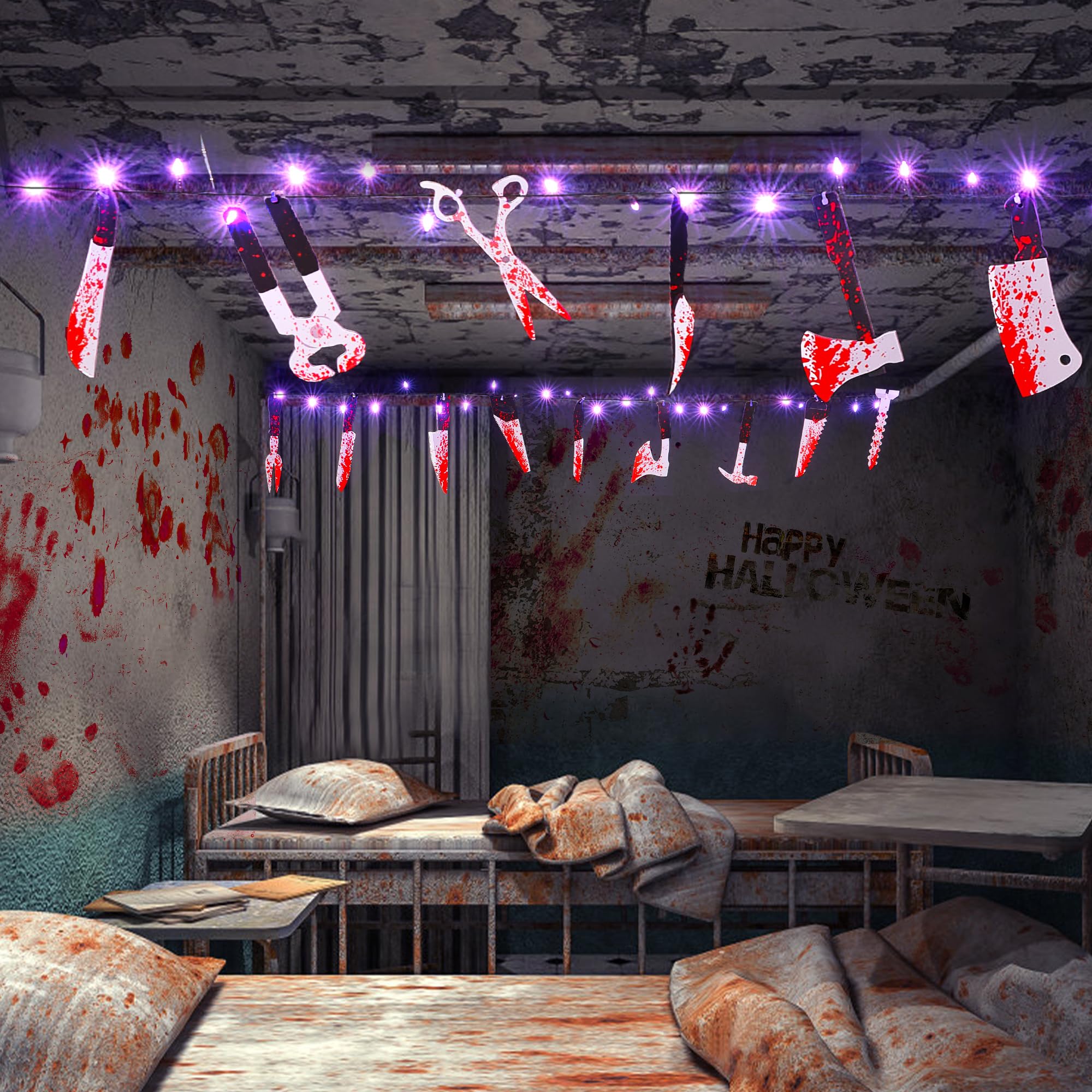 Blctec Scary Halloween Decorations Props, 12 Ft Halloween String Lights With 16 Fake Bloody Knives & 50 Led Purple Big Bulbs, 8 Modes Battery Operated Bloody Party Supplies For Halloween House Décor